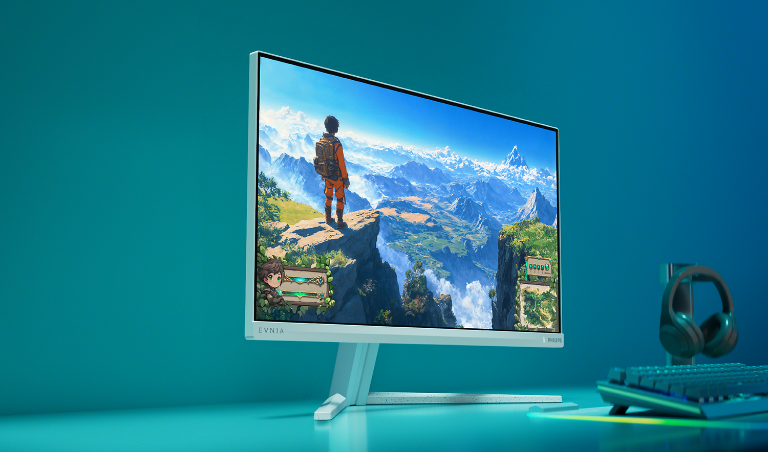 Un monitor muestra un juego con paisaje montañoso y un excursionista. Auriculares y teclado cerca.