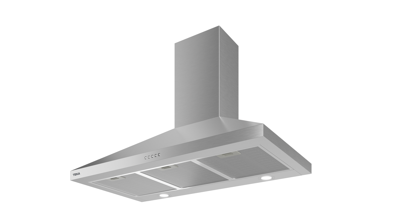 Campana extractora de acero inoxidable con botones y luces.