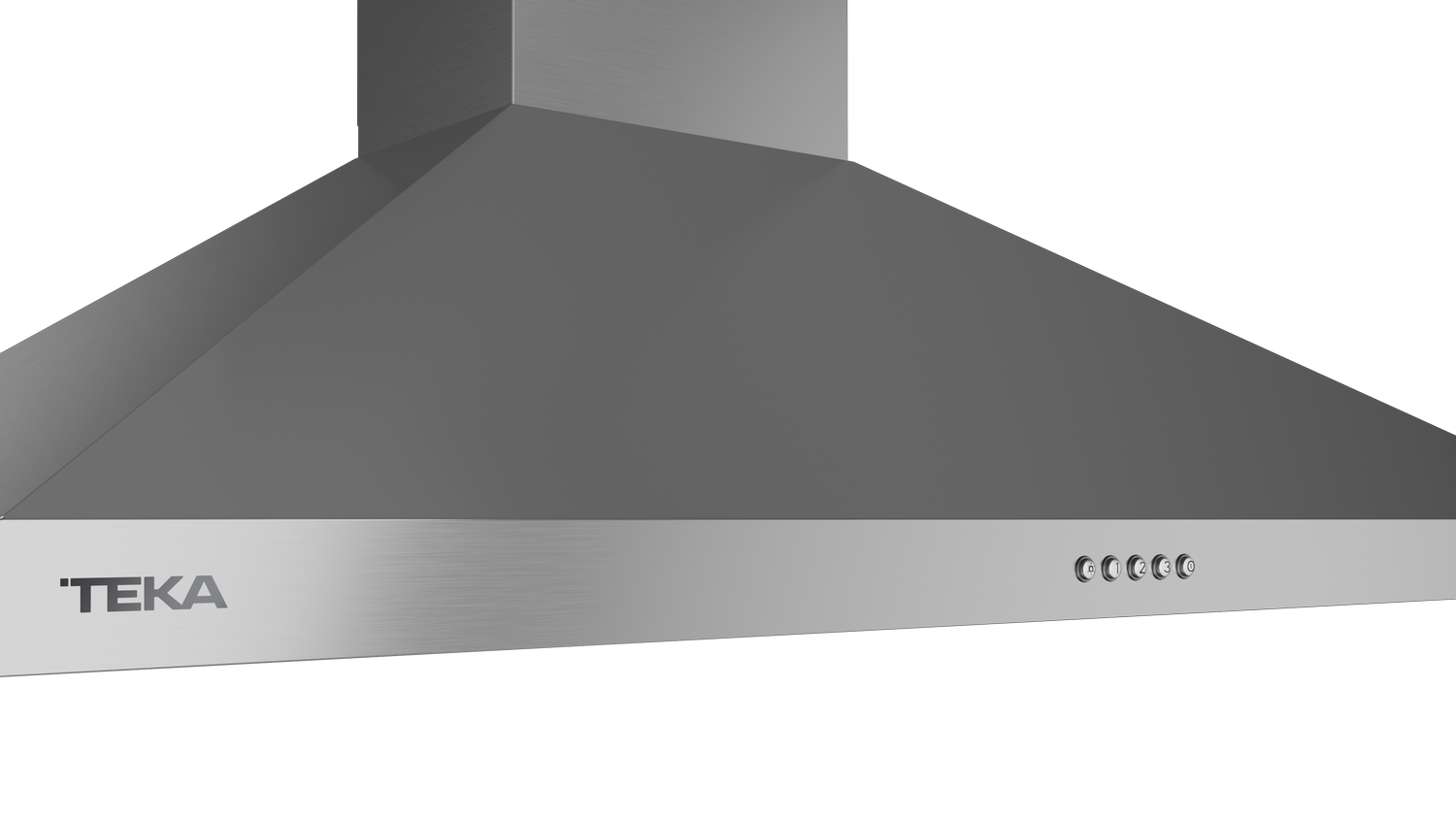 Campana extractora de acero inoxidable con logotipo y cinco botones.