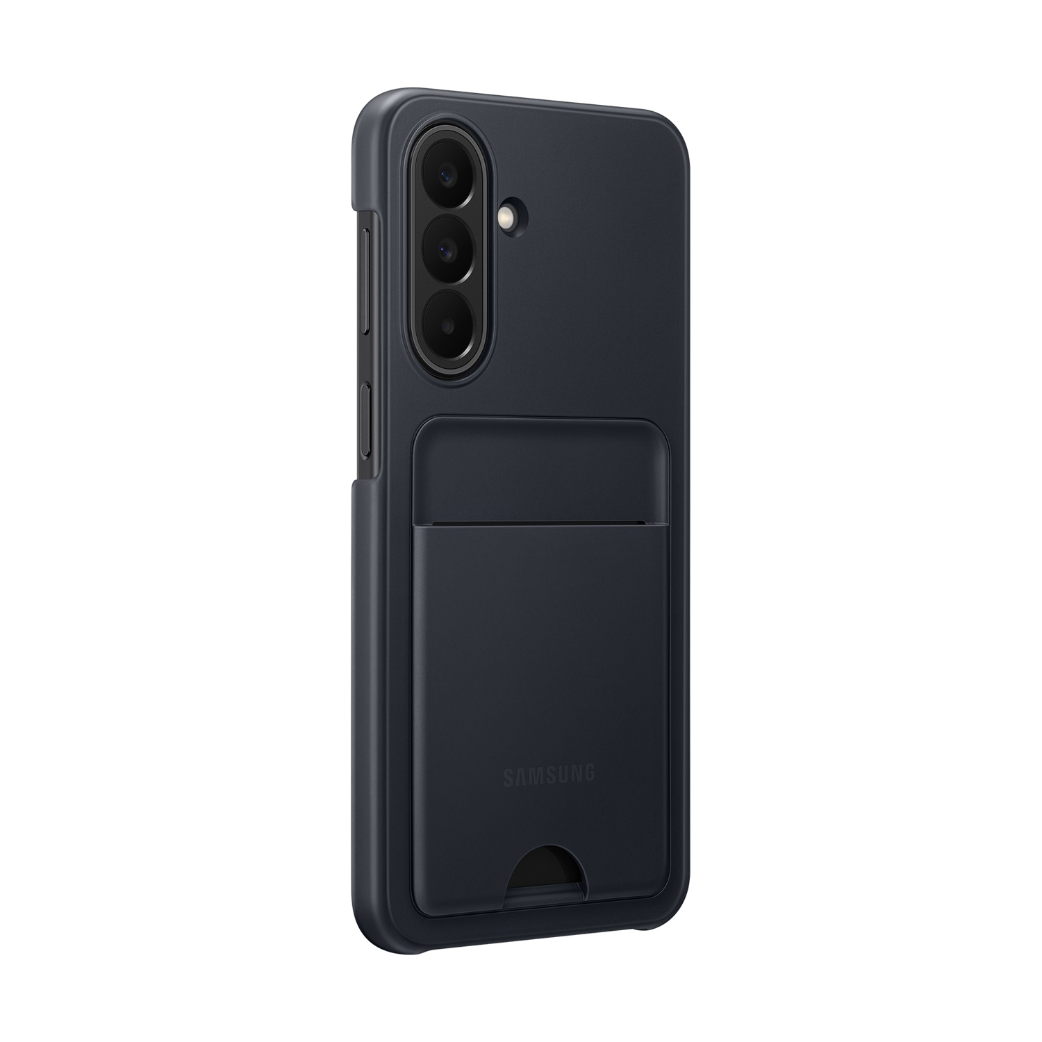 Custodia blu scuro per telefono con slot per carte e tre lenti.