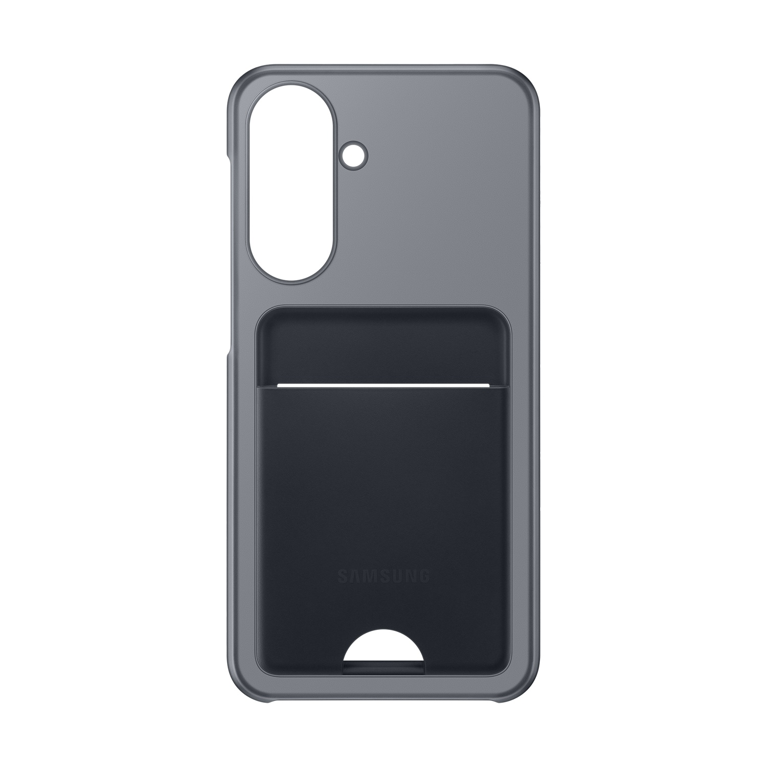Custodia grigia per telefono con slot per carte e ritaglio fotocamera.