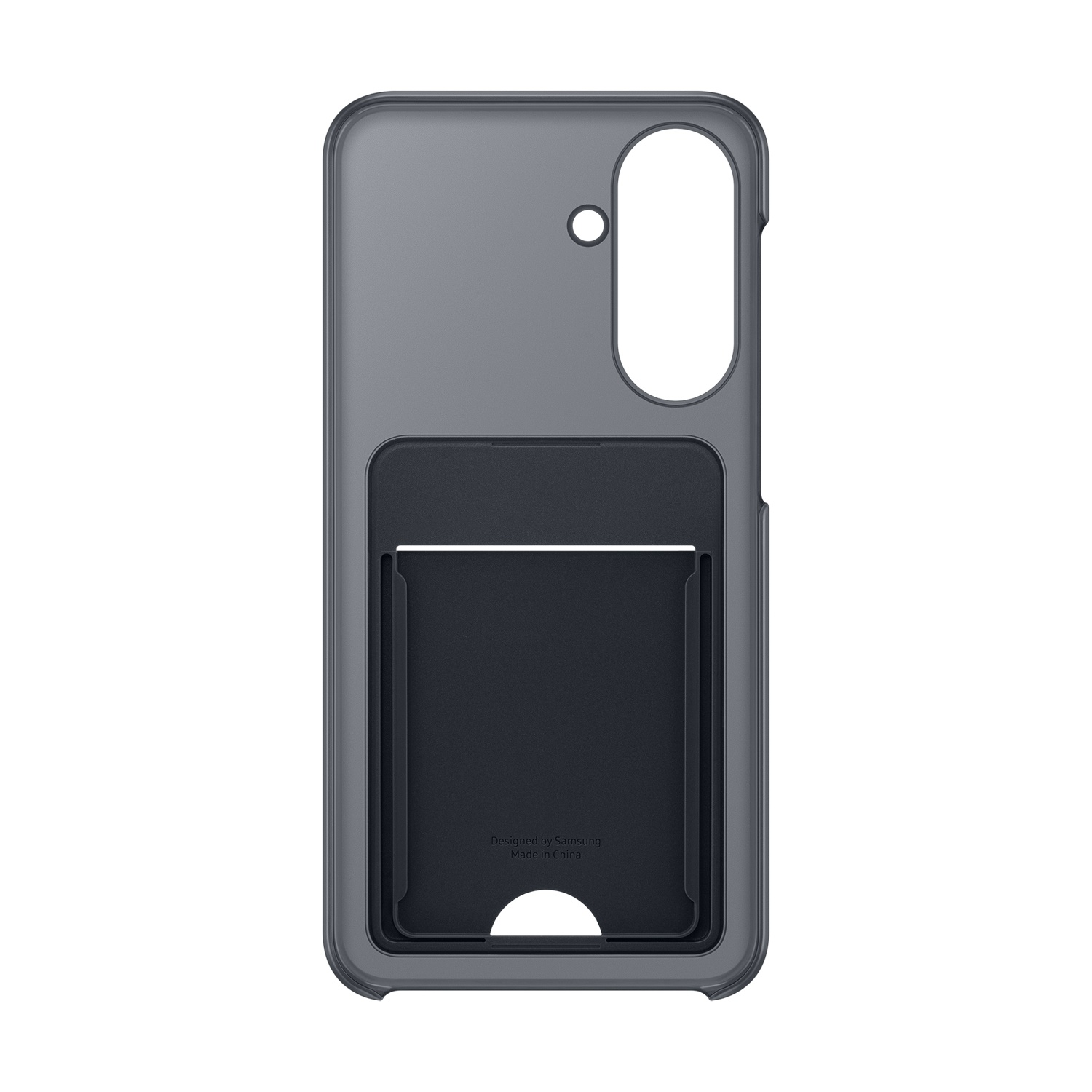 Custodia grigia per telefono con slot per carte sul retro.
