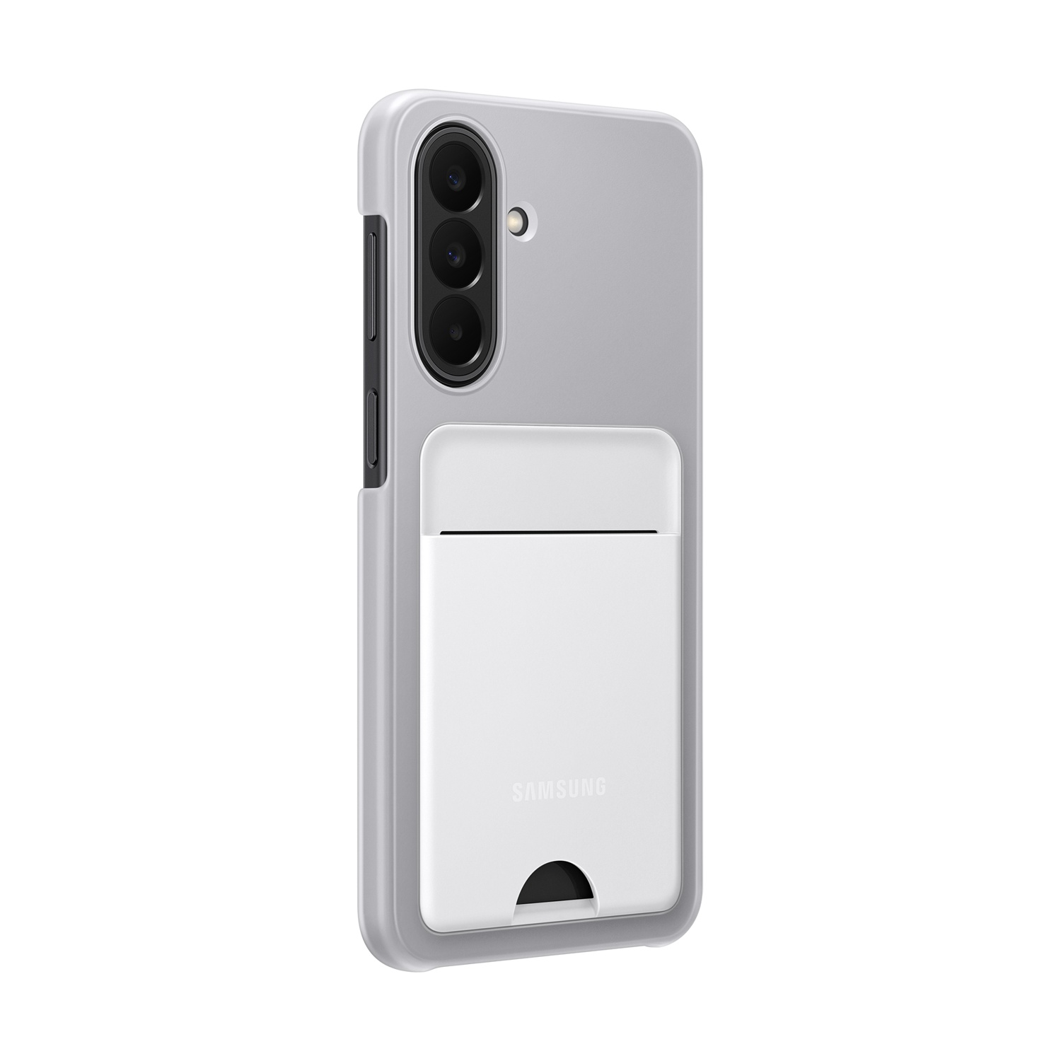 Custodia grigia per telefono con porta carte e blocco fotocamera su sfondo bianco.