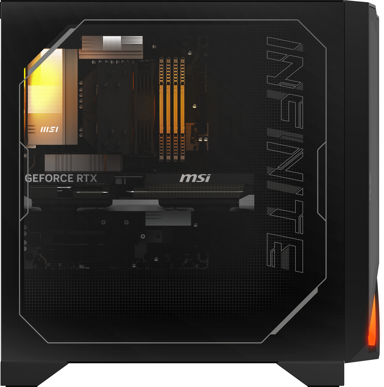 PC MSI Infinite: GPU GeForce RTX, iluminación RGB, se ve la placa base.
