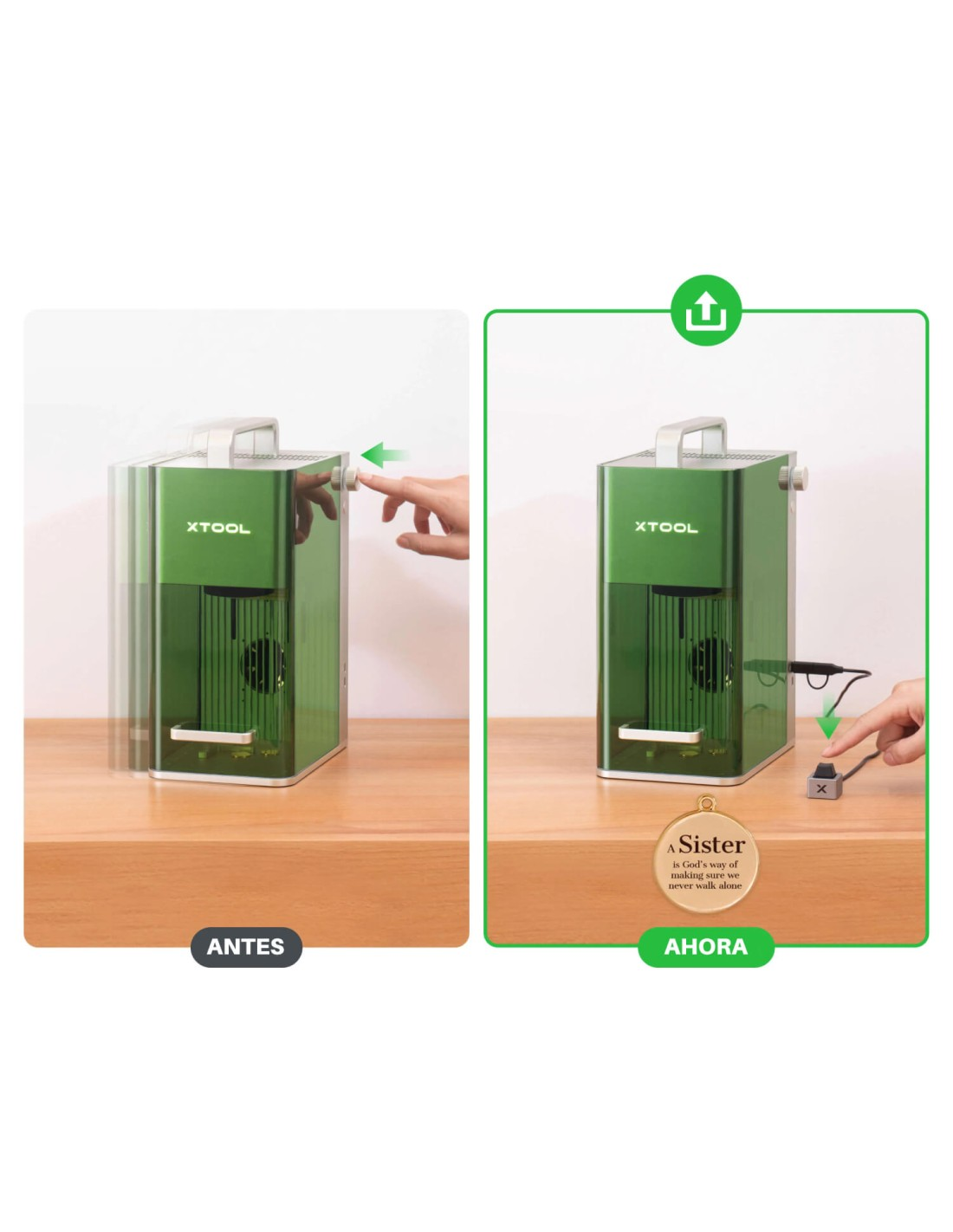 Máquina verde operada, antes y después con pulsación de botón.