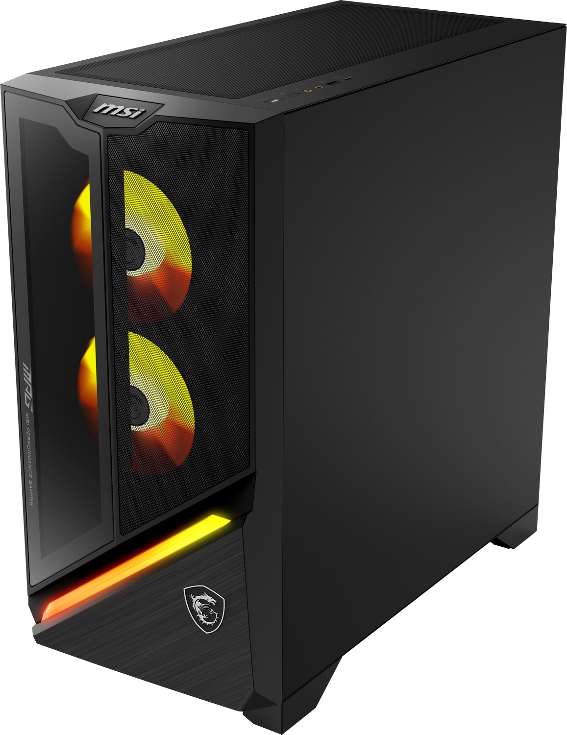 Caja de PC negra con ventiladores brillantes e iluminación RGB frontal.
