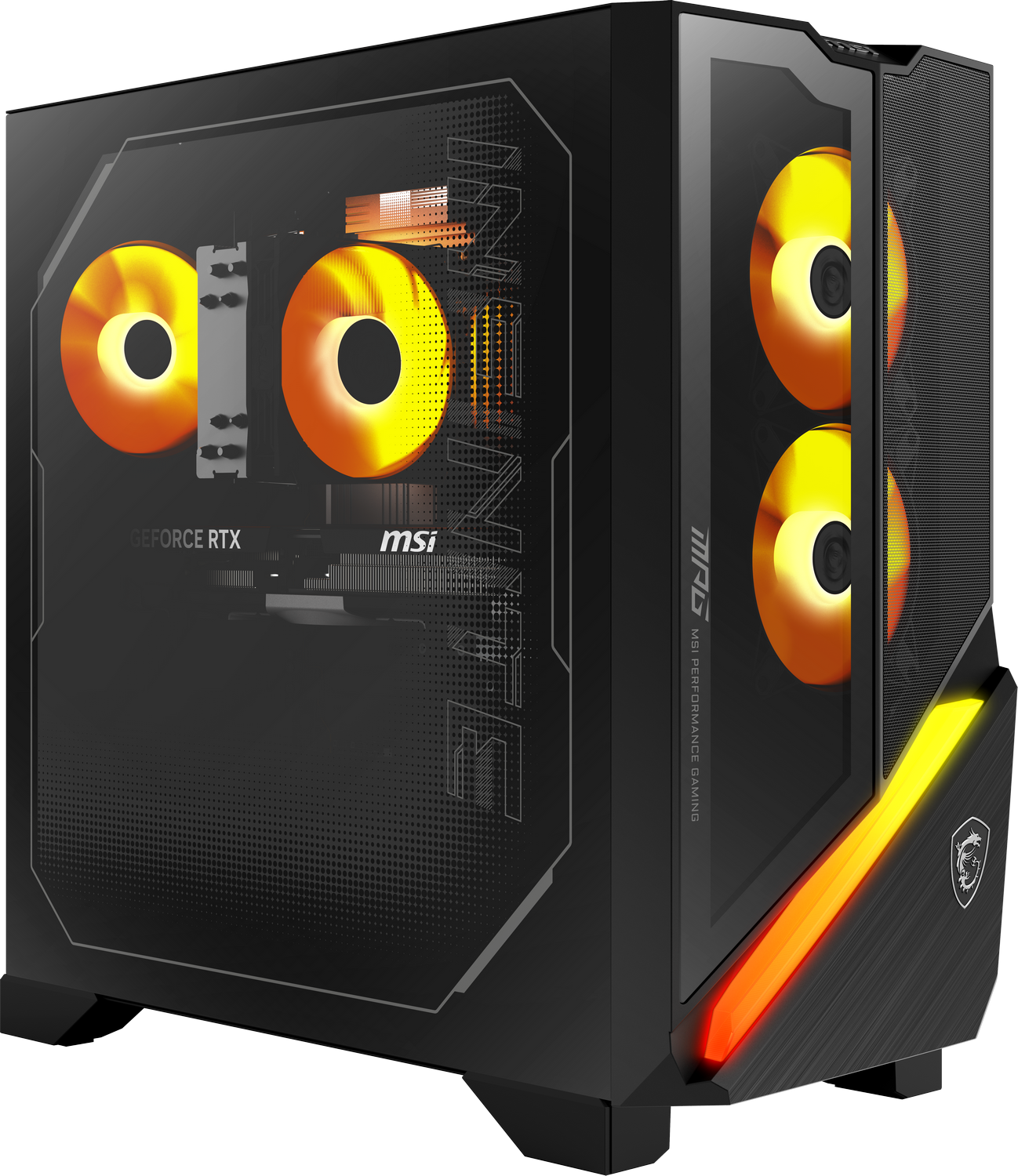 Un PC gamer negro con frontal de cristal, ventiladores iluminados y acentos RGB.