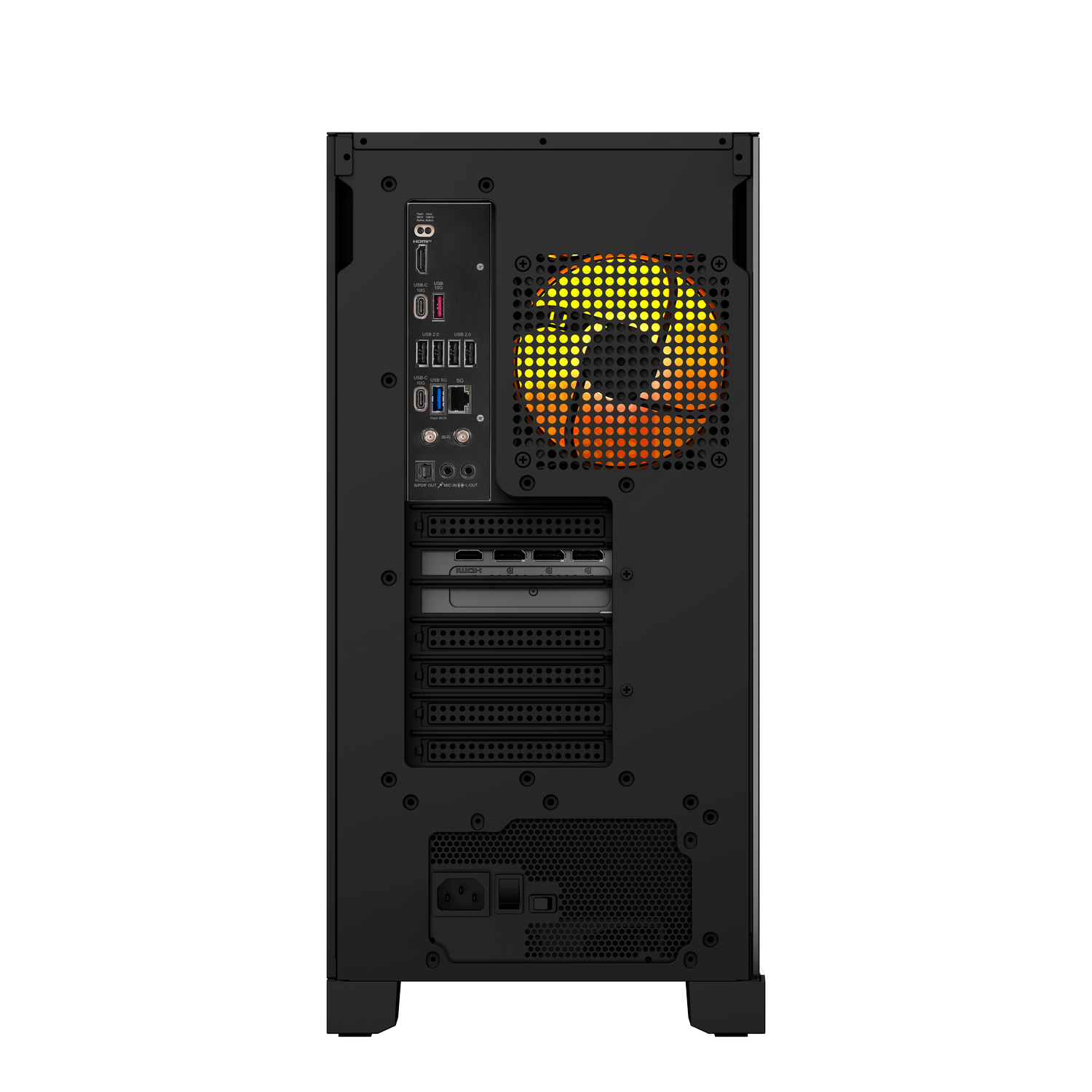 Parte trasera de un PC con ventilador, puertos y ranuras.