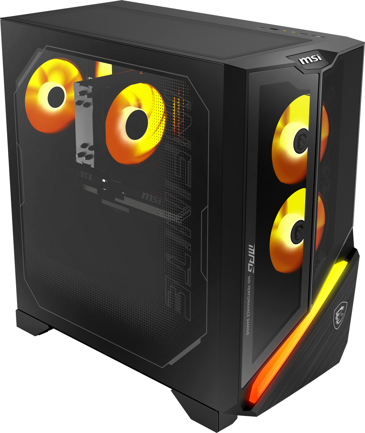 Caja de PC gaming negra con ventiladores iluminados naranja-amarillo y acentos RGB.