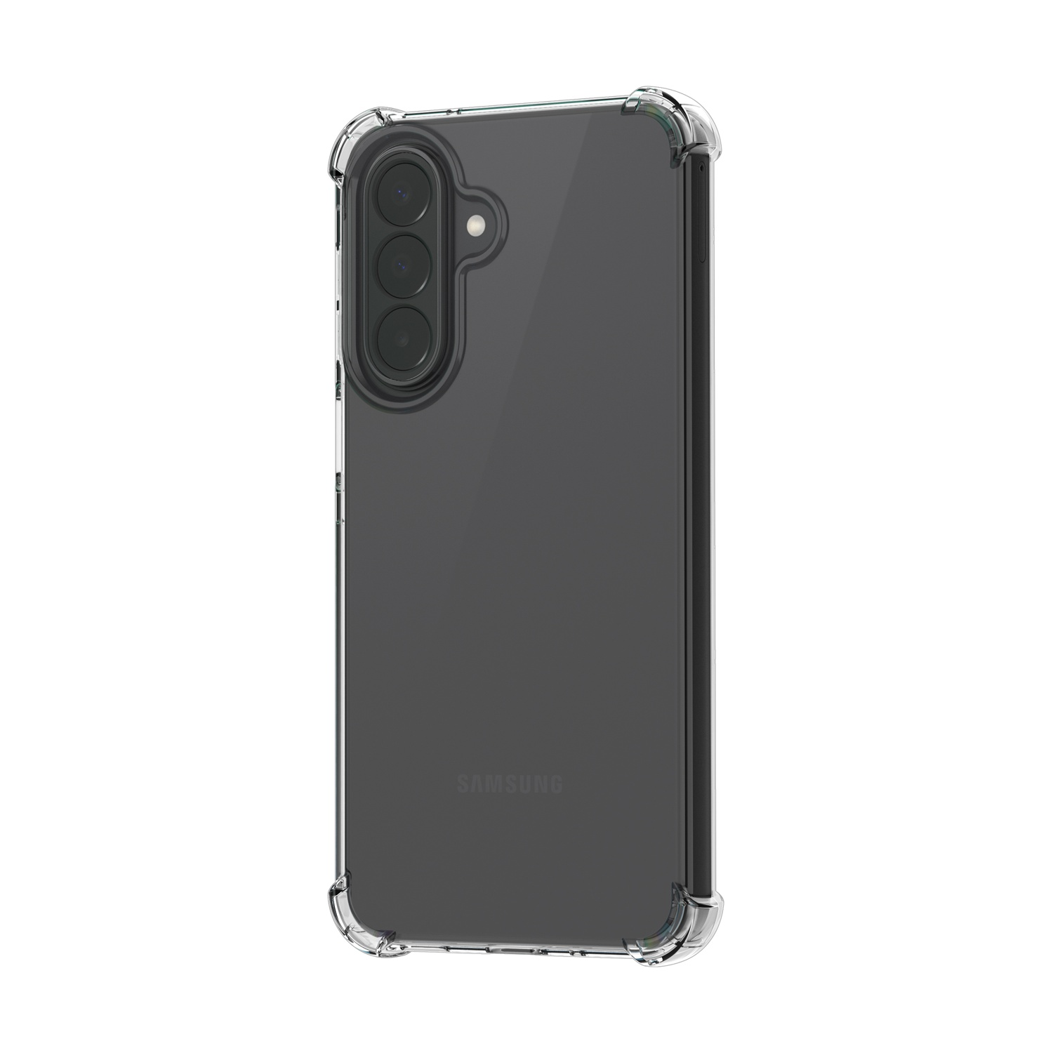 Custodia protettiva trasparente per smartphone con tre fotocamere posteriori.