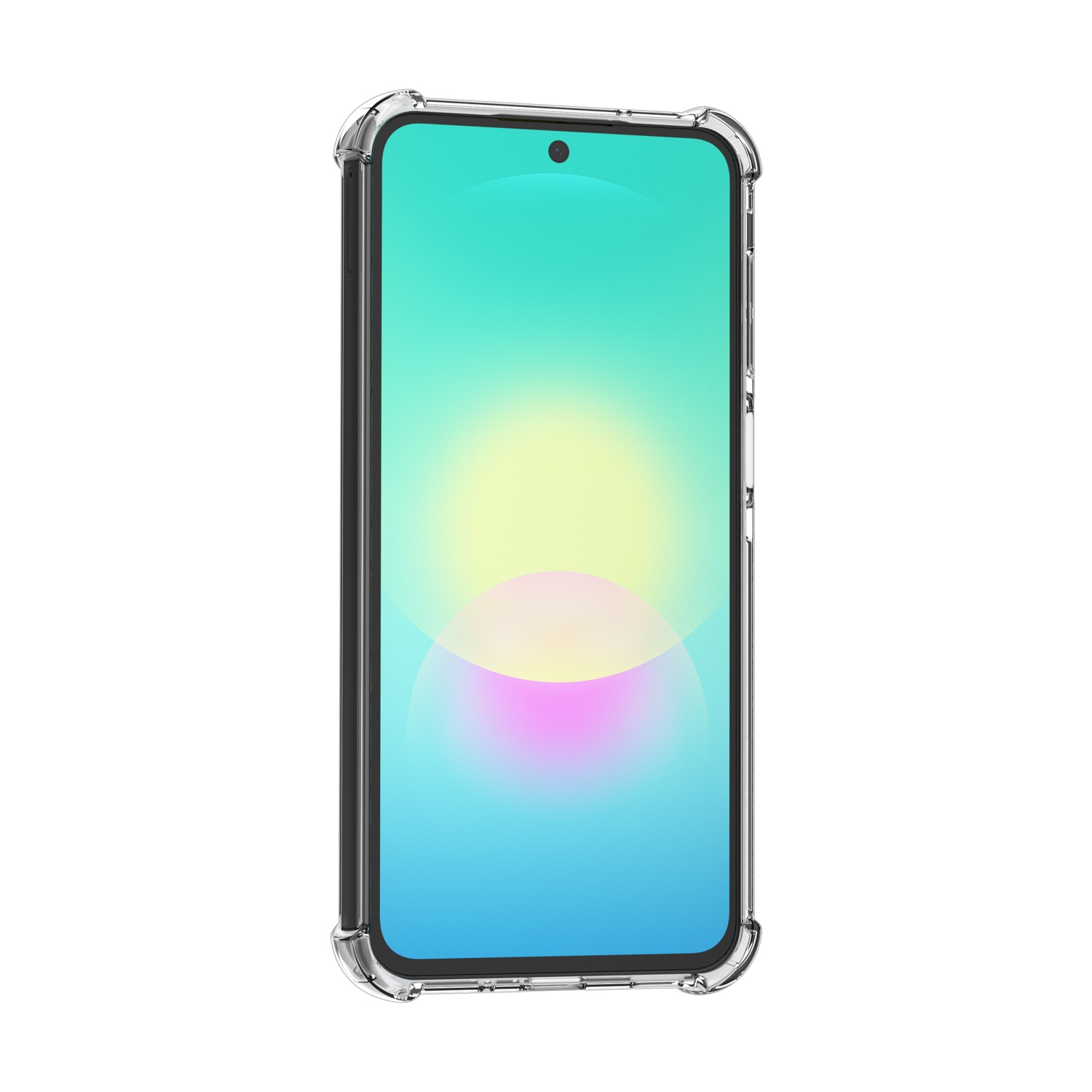 Una cover trasparente per telefono con schermo sfumato colorato su sfondo bianco.