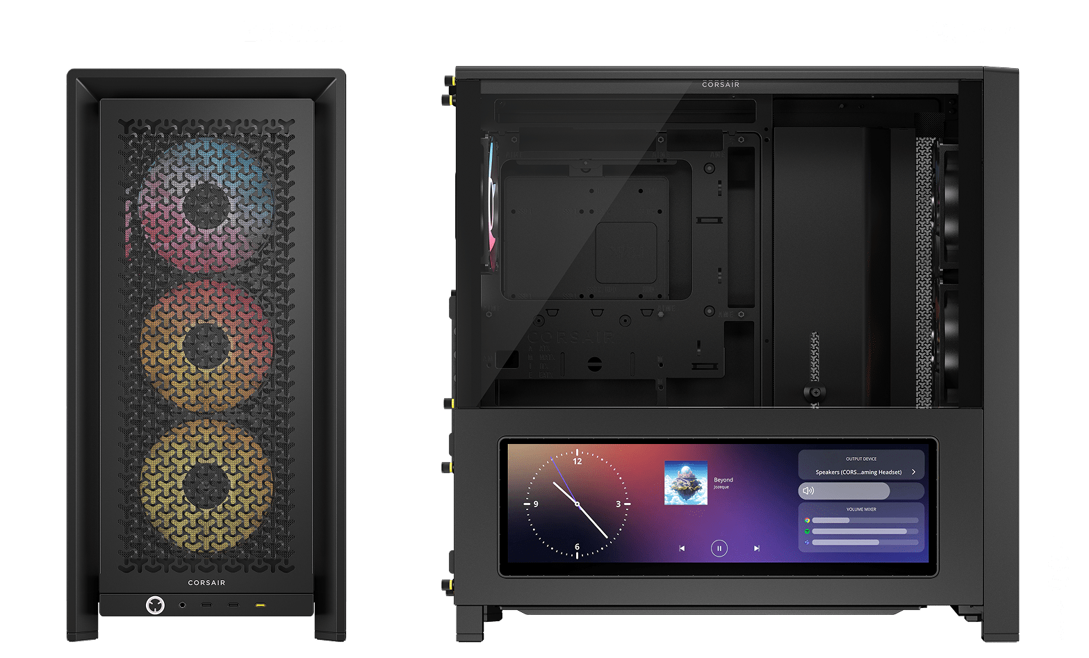 Ein schwarzes Computergehäuse mit RGB-Lüftern und einem Frontdisplay mit Uhr und Musik.