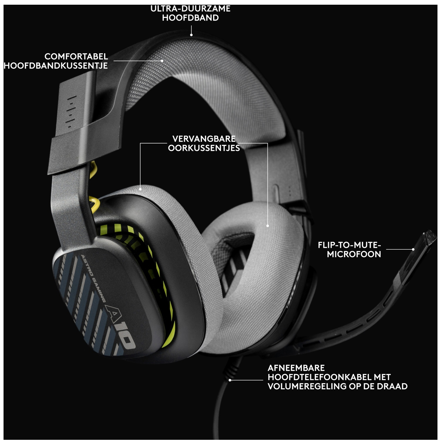 Zwarte gaming headset met gele accenten, microfoon en kabel.