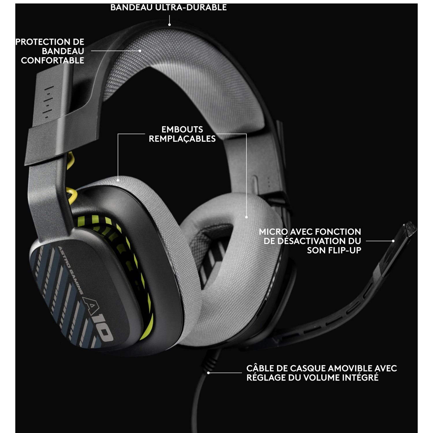Casque gamer noir avec microphone, bandeau rembourré et câble détachable.