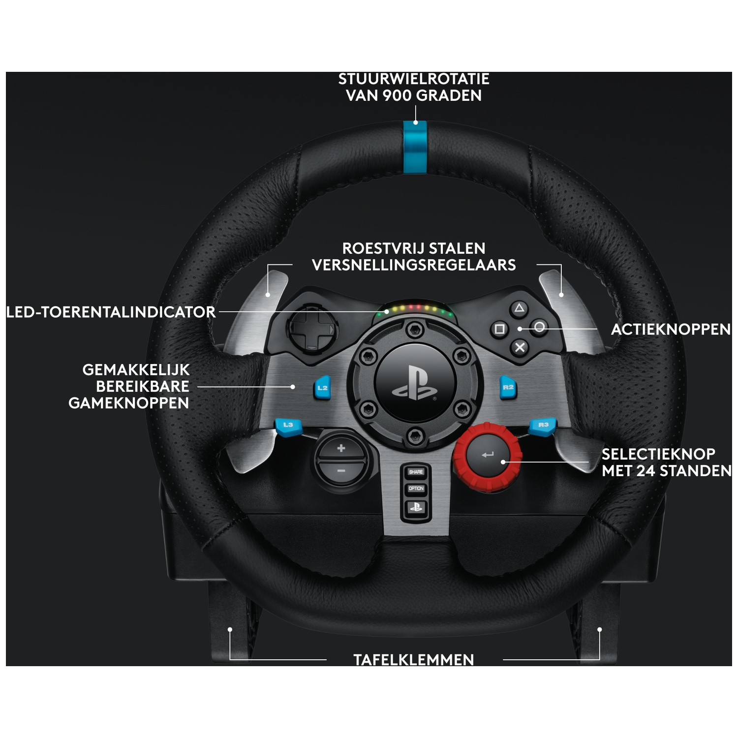 Een gaming stuur met knoppen, schakelaars en een LED toerentellerindicator.