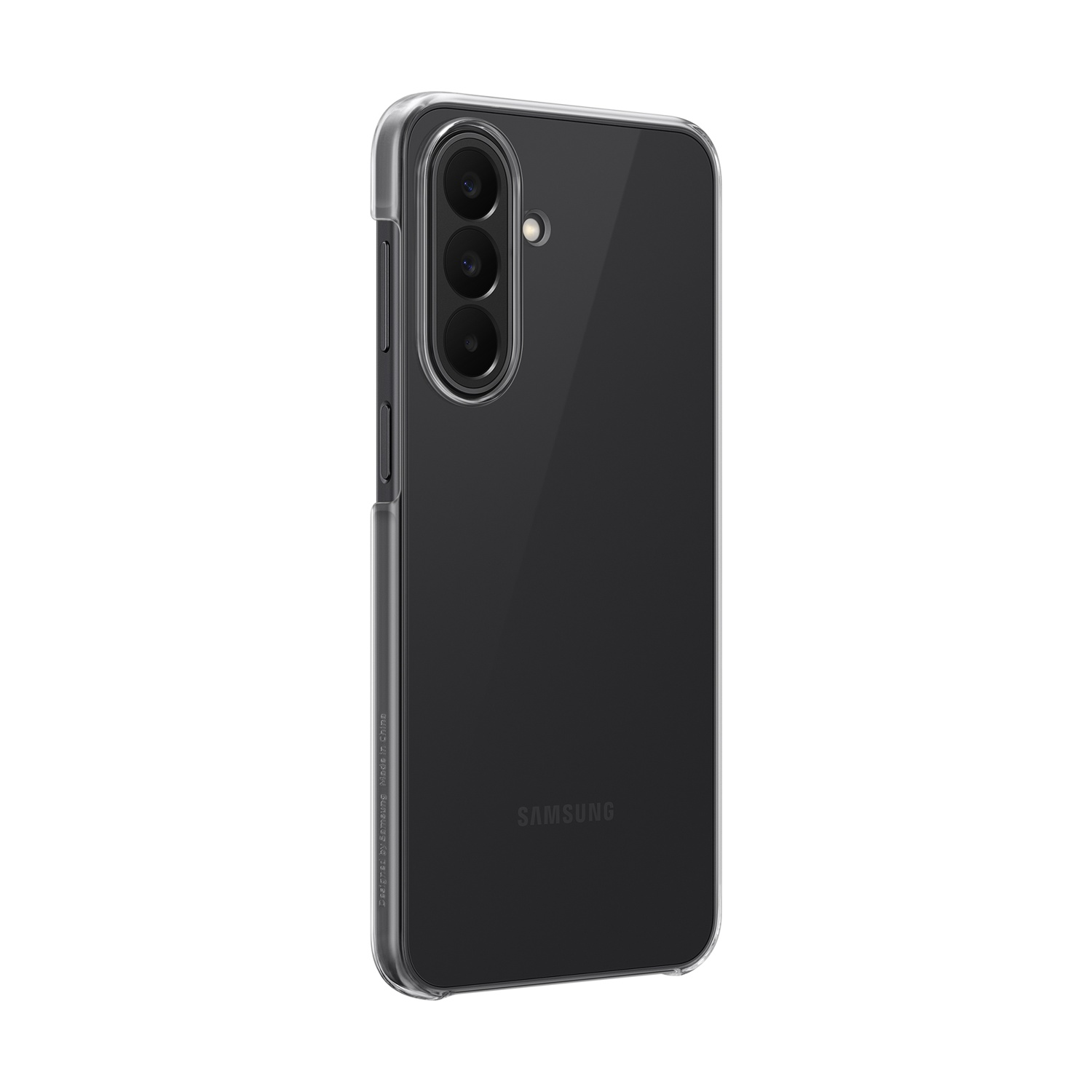 Custodia trasparente con tre fotocamere e logo Samsung su sfondo nero.