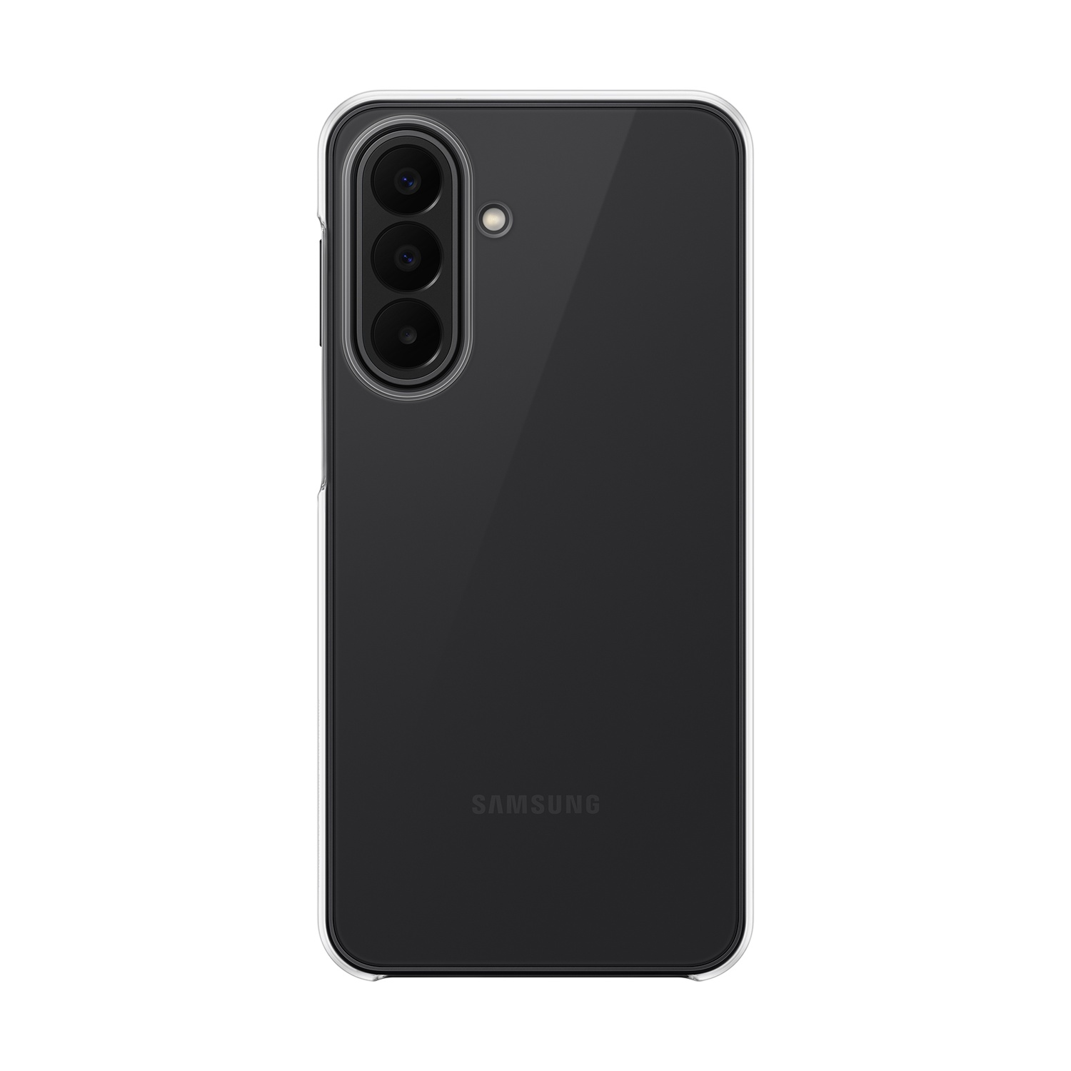 Retro di una custodia trasparente per telefono con tre fotocamere e flash.