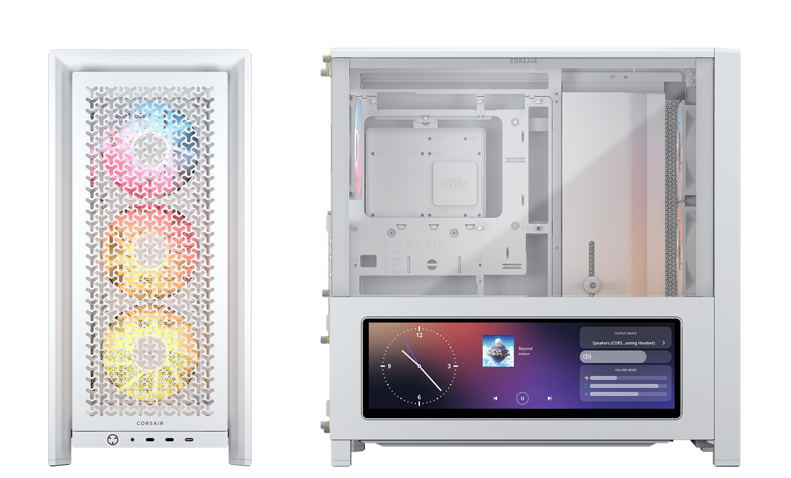 Ein weißes Computergehäuse mit RGB-Lüftern vorne und einem Bildschirm.