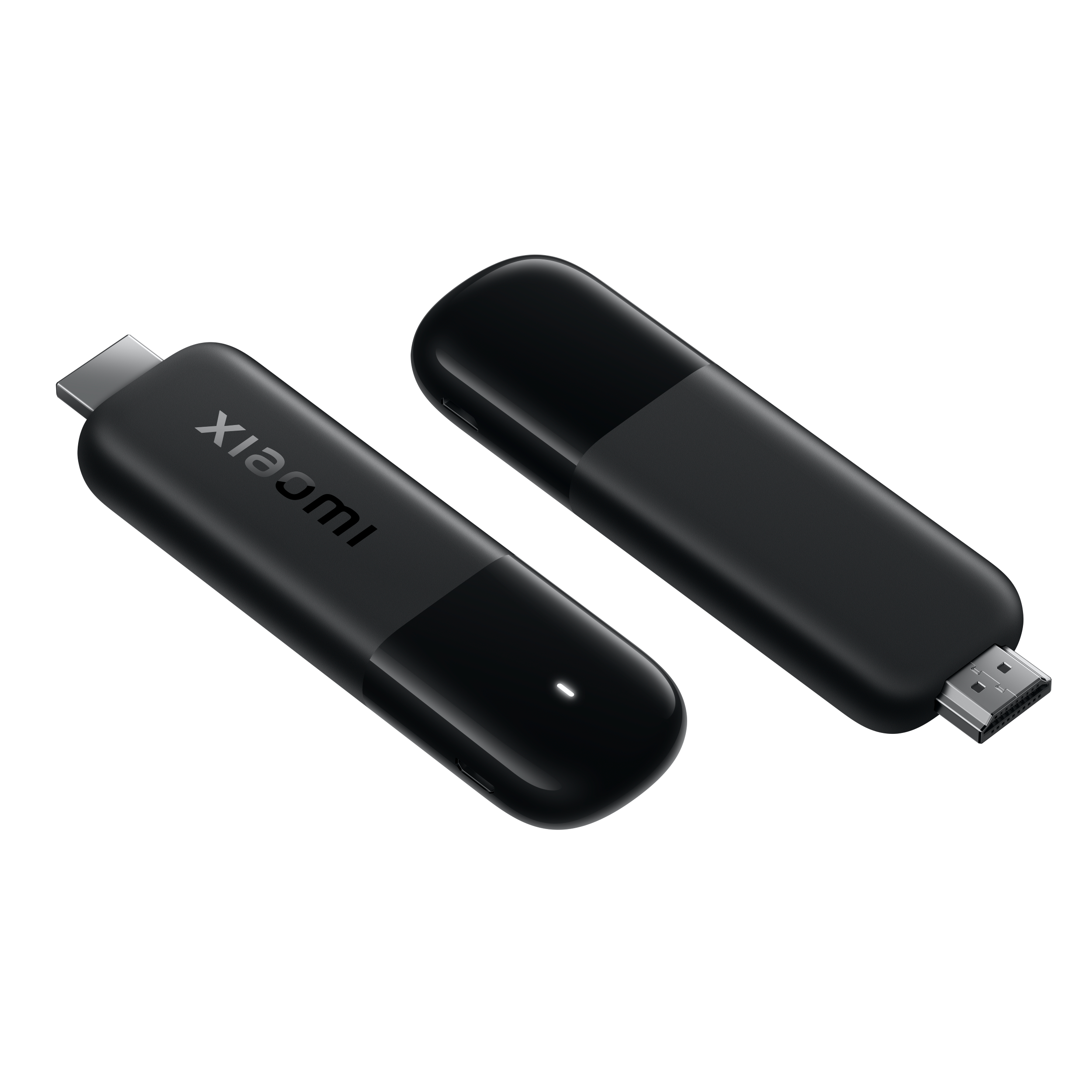 Zwei schwarze Xiaomi-Streaming-Sticks, einer mit HDMI-Stecker, der andere mit USB-C.
