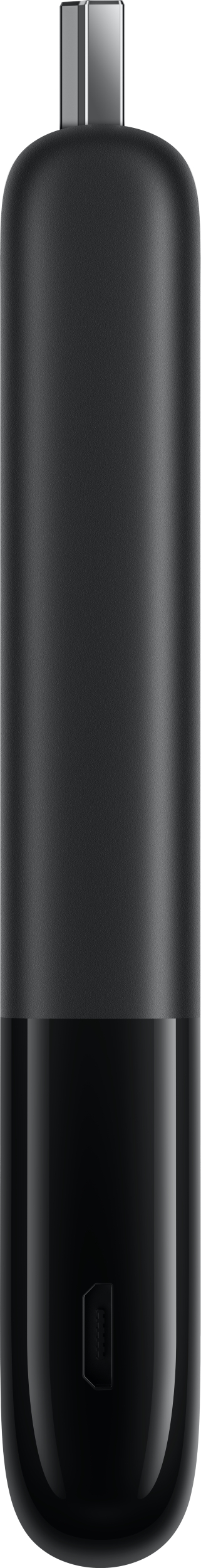Ein schwarzer USB-Stick mit silbernem Anschluss. Unten ist ein kleiner schwarzer Anschluss.