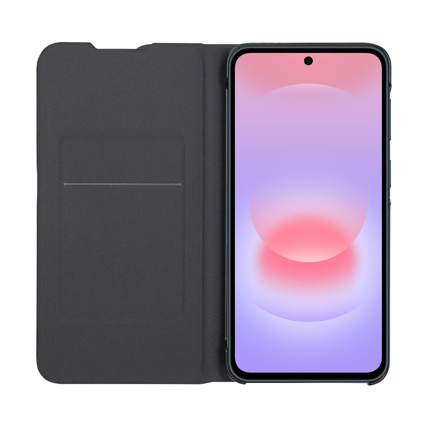 Una custodia a libro scura è accanto a uno smartphone con schermo colorato.