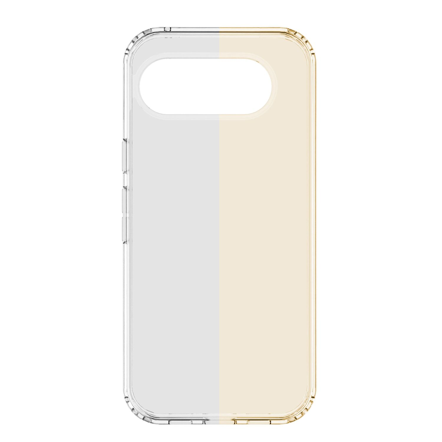 Ein durchsichtiger Handyhülle mit zweifarbigem Design, weiß und beige.