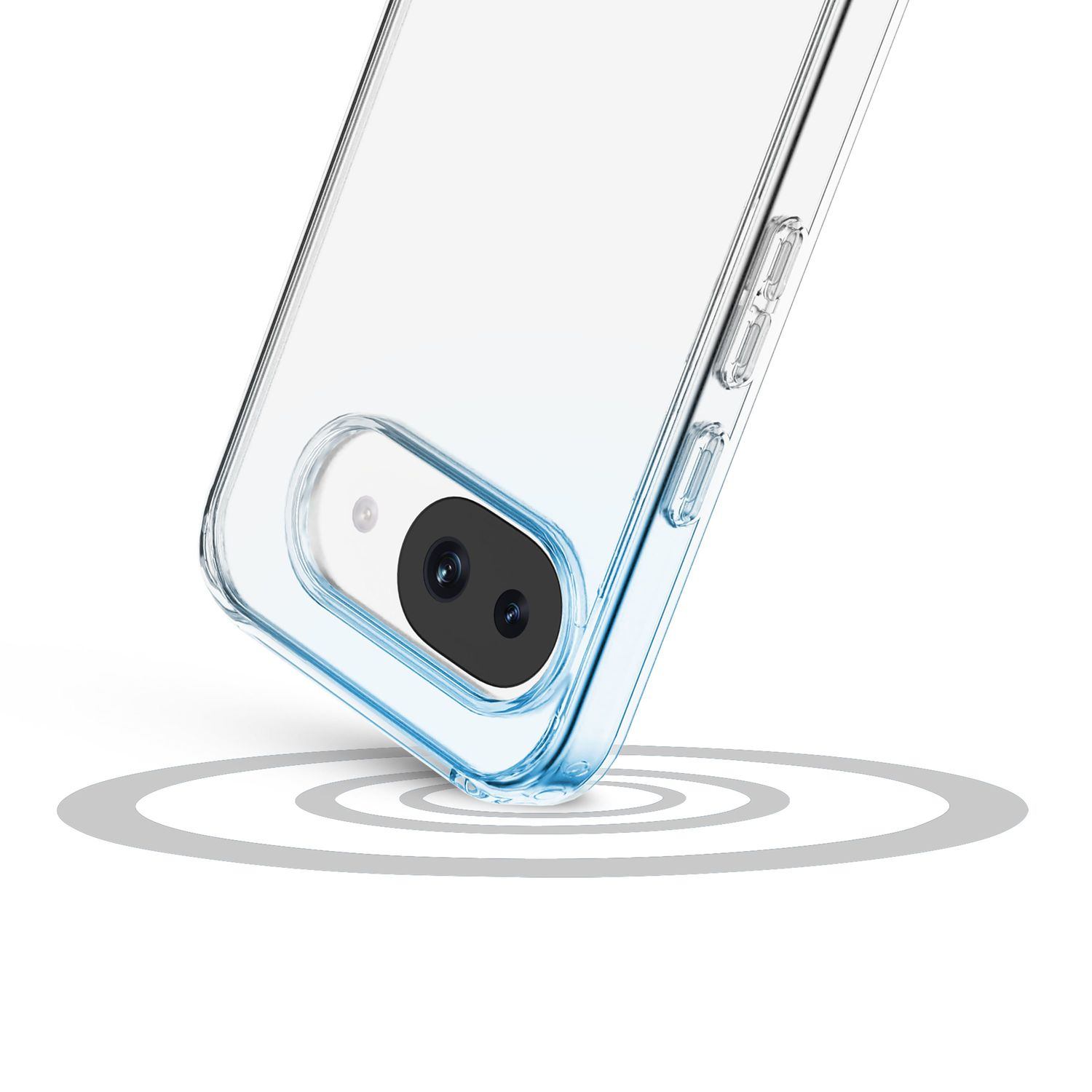 Transparente Handyhülle mit blauen Kanten, zeigt doppelte Kameralinse.