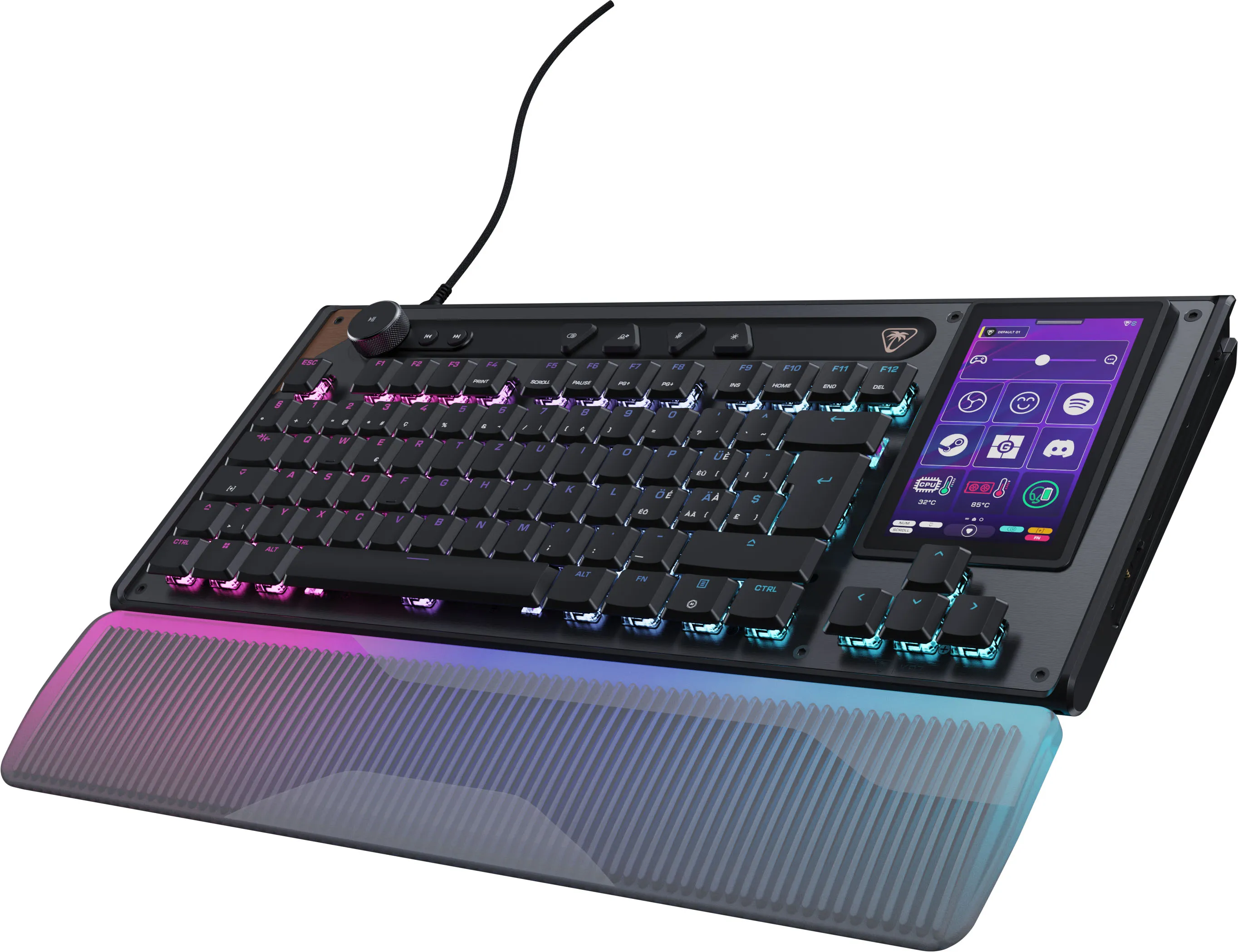 Tastiera nera con illuminazione RGB e display touchscreen integrato.