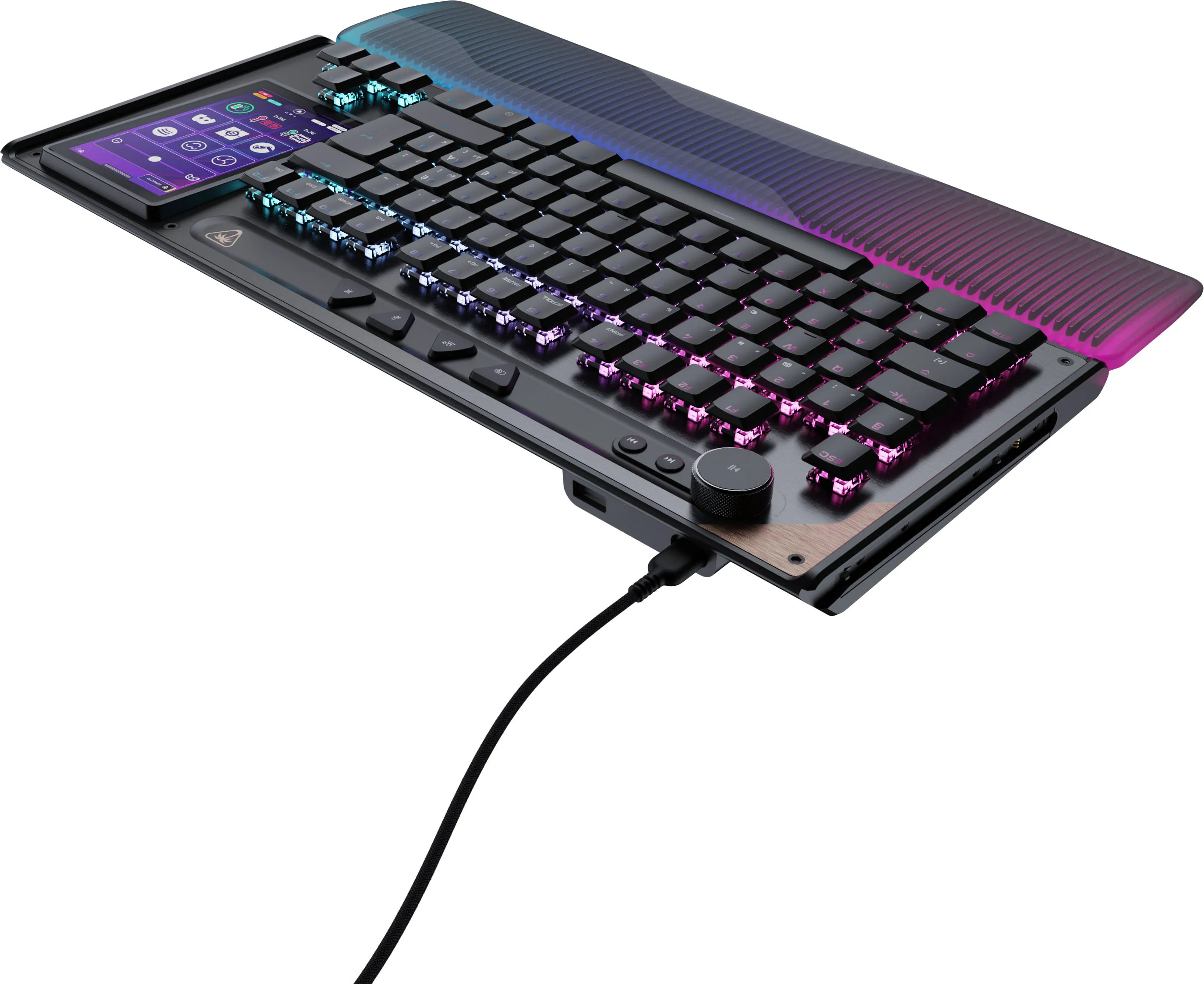 Una tastiera nera con illuminazione RGB e un piccolo schermo.