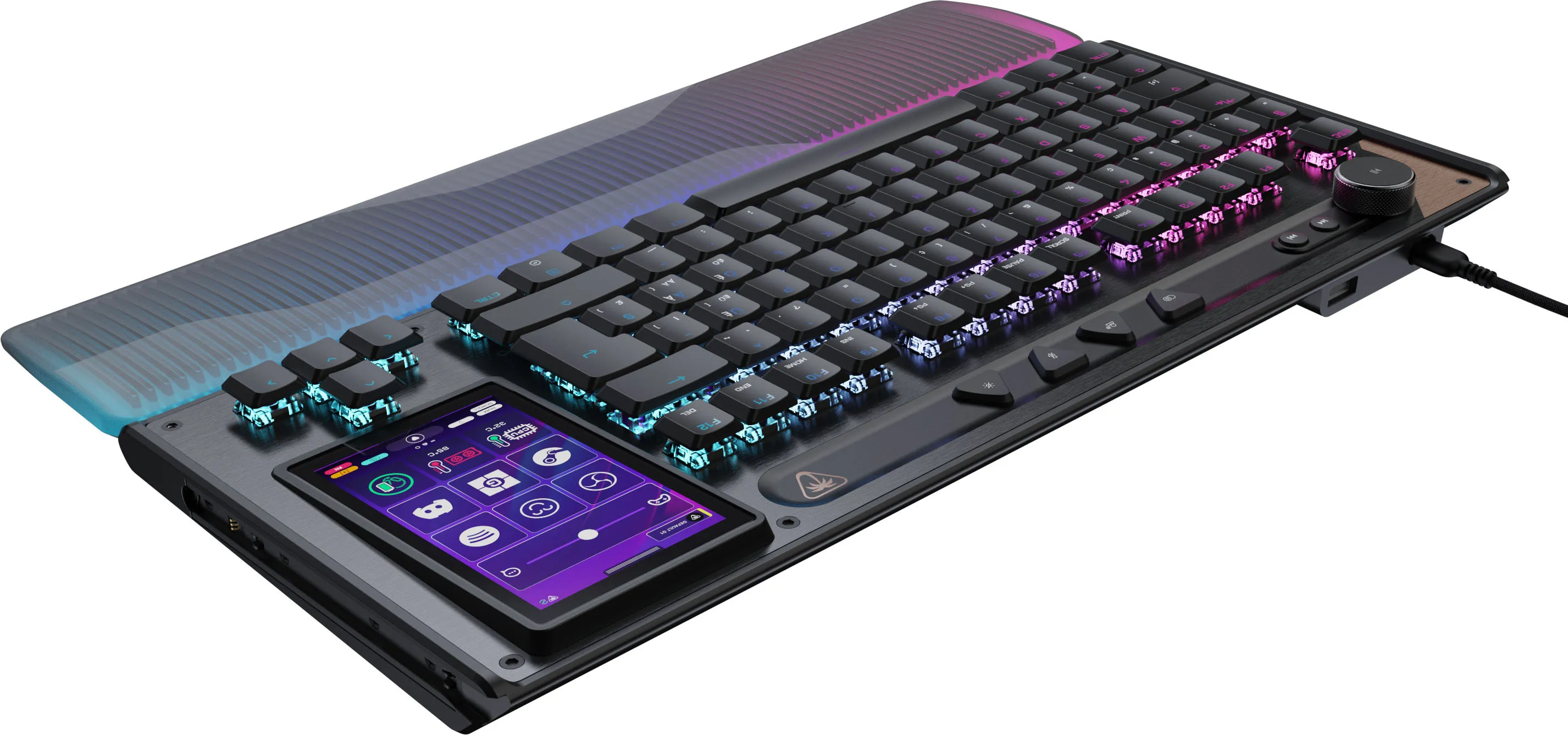 Una tastiera nera con illuminazione RGB e display touchscreen.