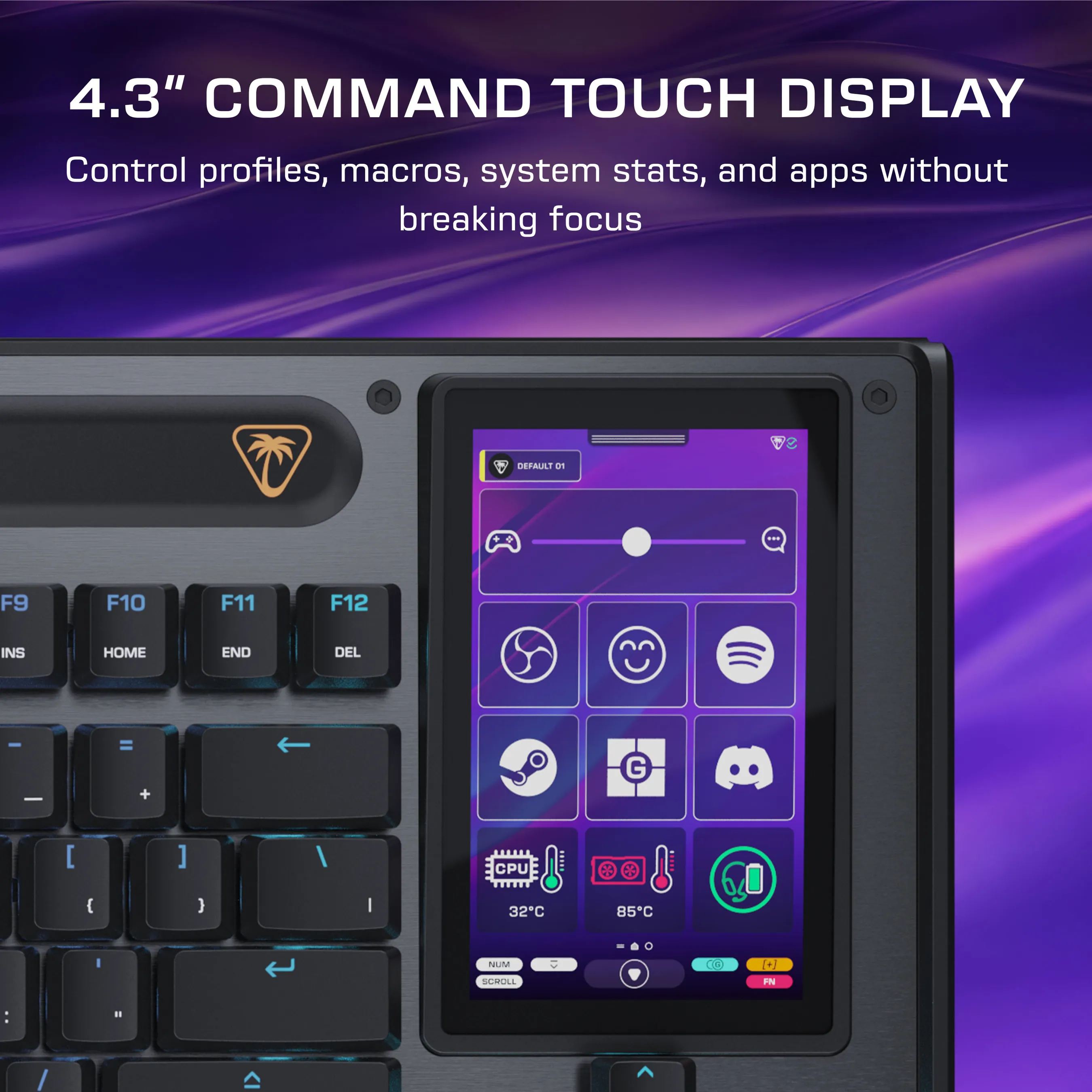 Una tastiera con display touch command da 4,3" che mostra icone di app e statistiche di sistema.