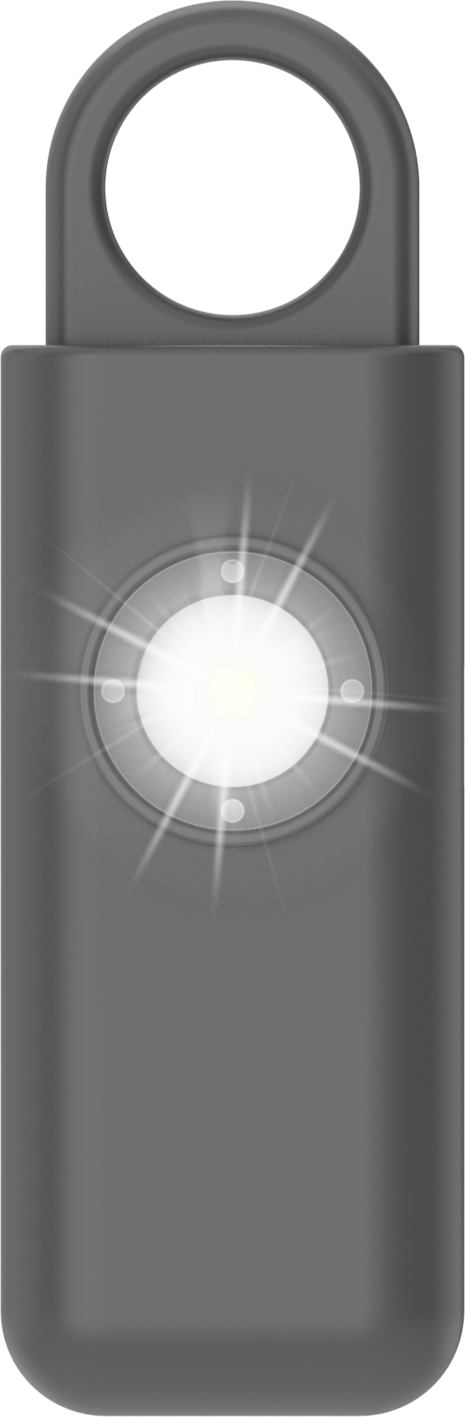 Grauer Anhänger mit leuchtender LED-Lampe und vier kleinen Lichtern.