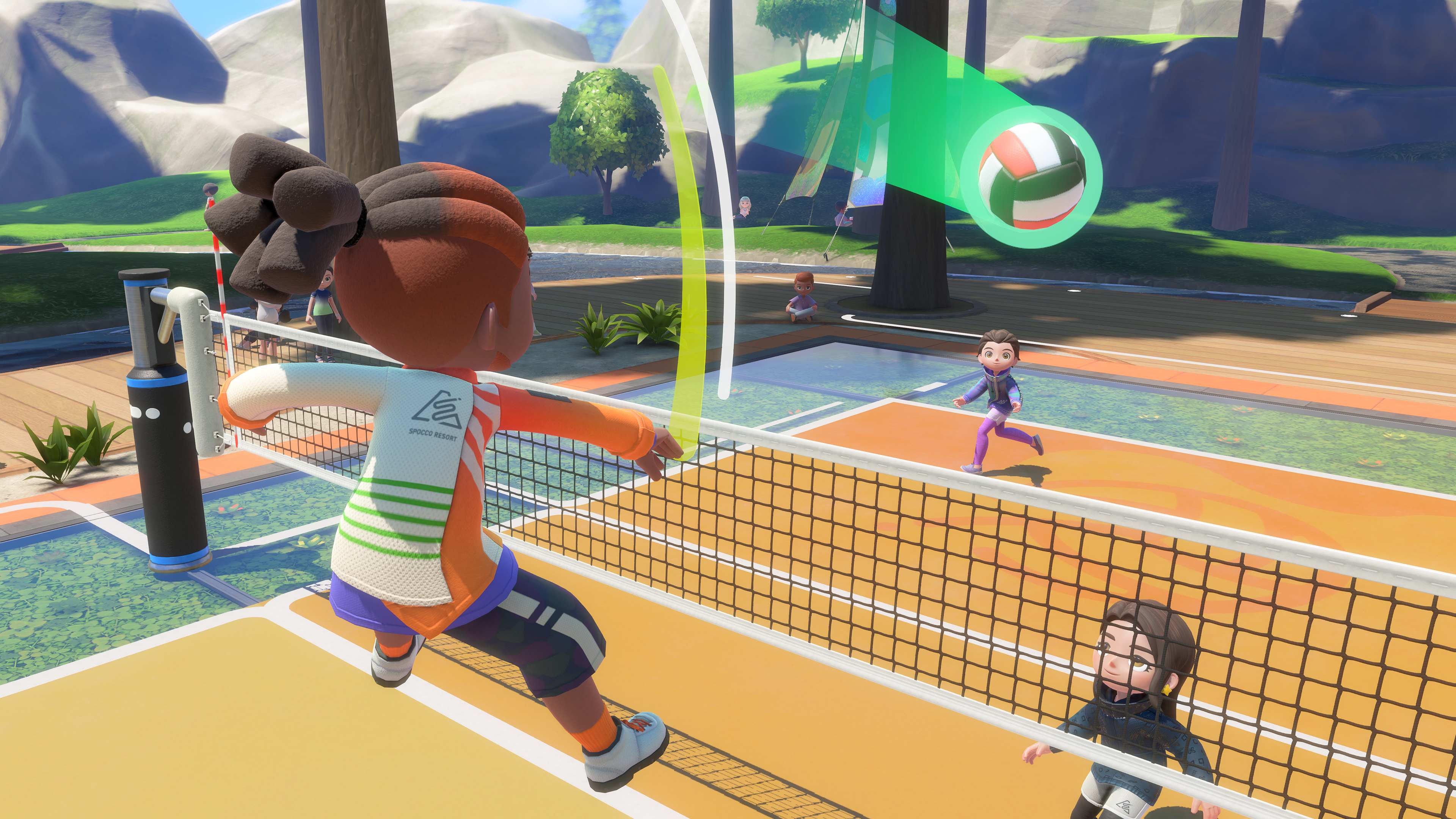 Montre un match de volley-ball style dessin animé en extérieur avec des montagnes.