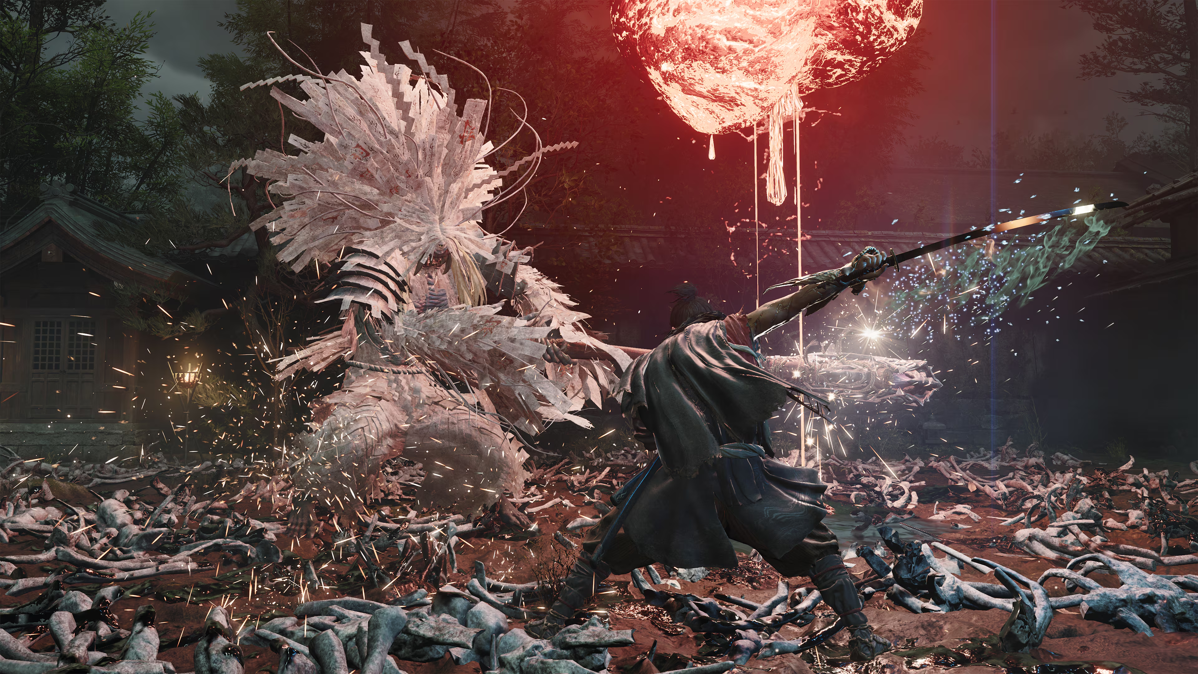Un guerrier avec une lance combat une grande créature blanche sous une orbe rouge.