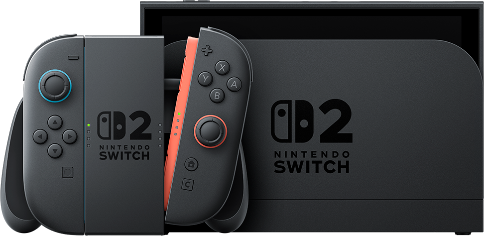 Console Nintendo Switch avec deux Joy-Cons, un orange, un bleu.