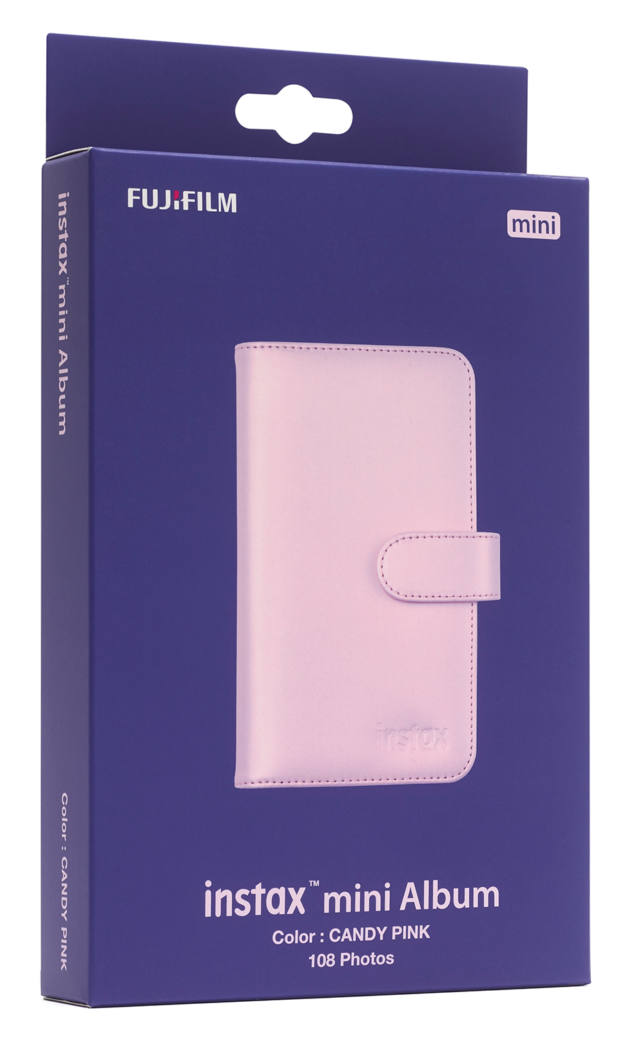 Világos rózsaszín Instax mini album csomagolása 'Candy Pink' felirattal.
