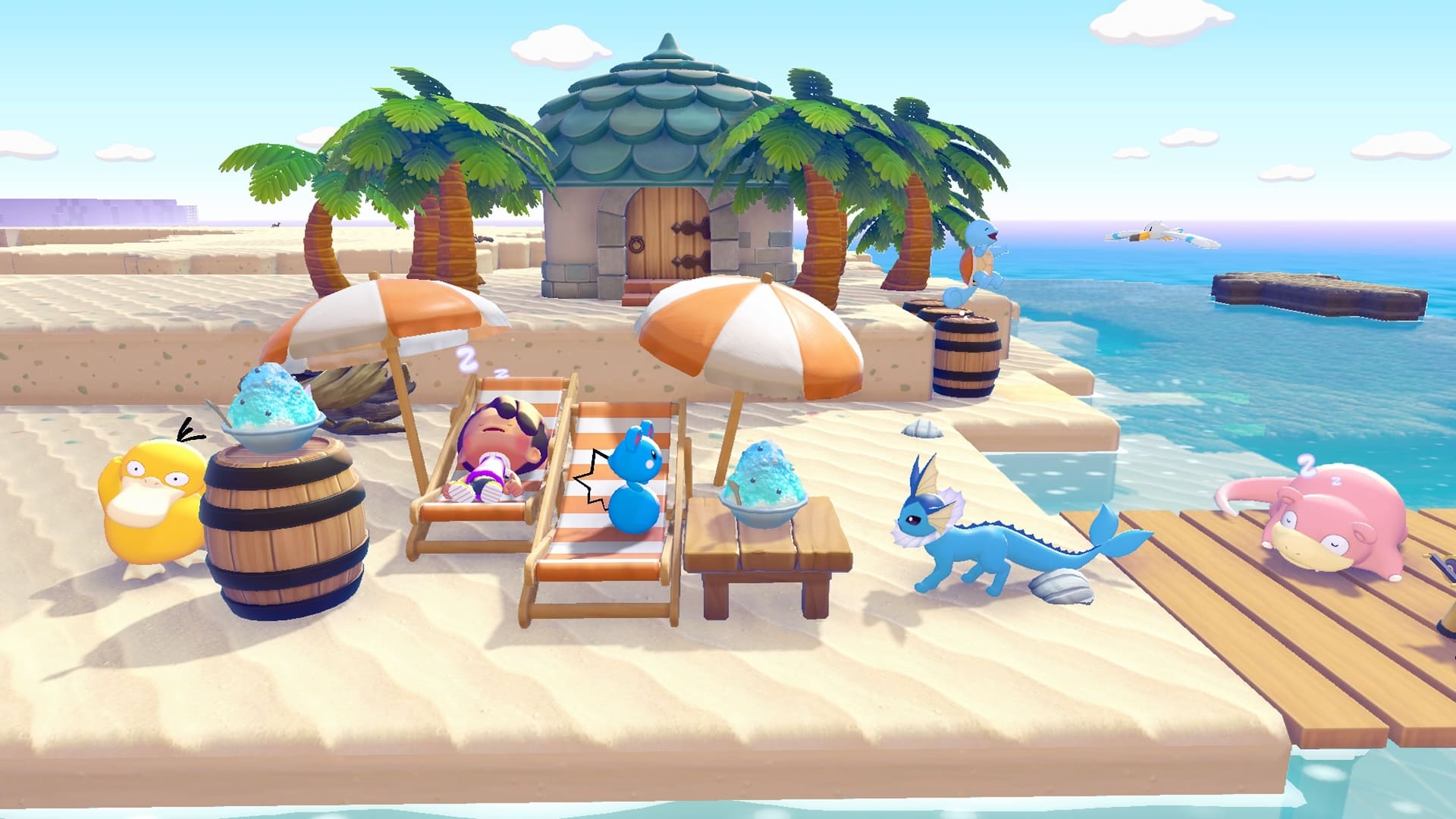 Scène de plage ensoleillée avec des Pokémon, des chaises longues, des palmiers et une maison.