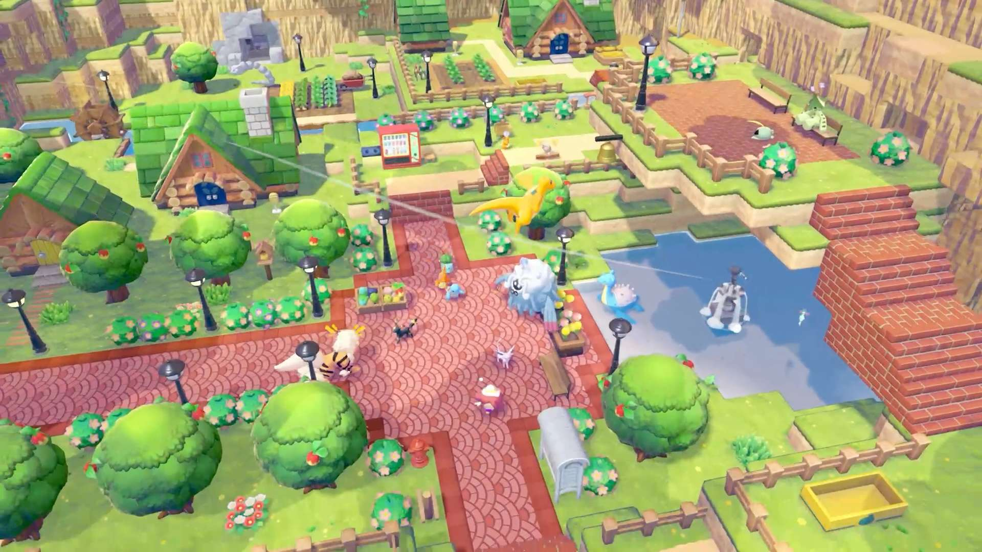 Un paysage cartoon coloré avec de petites maisons, des arbres, des créatures et un étang.