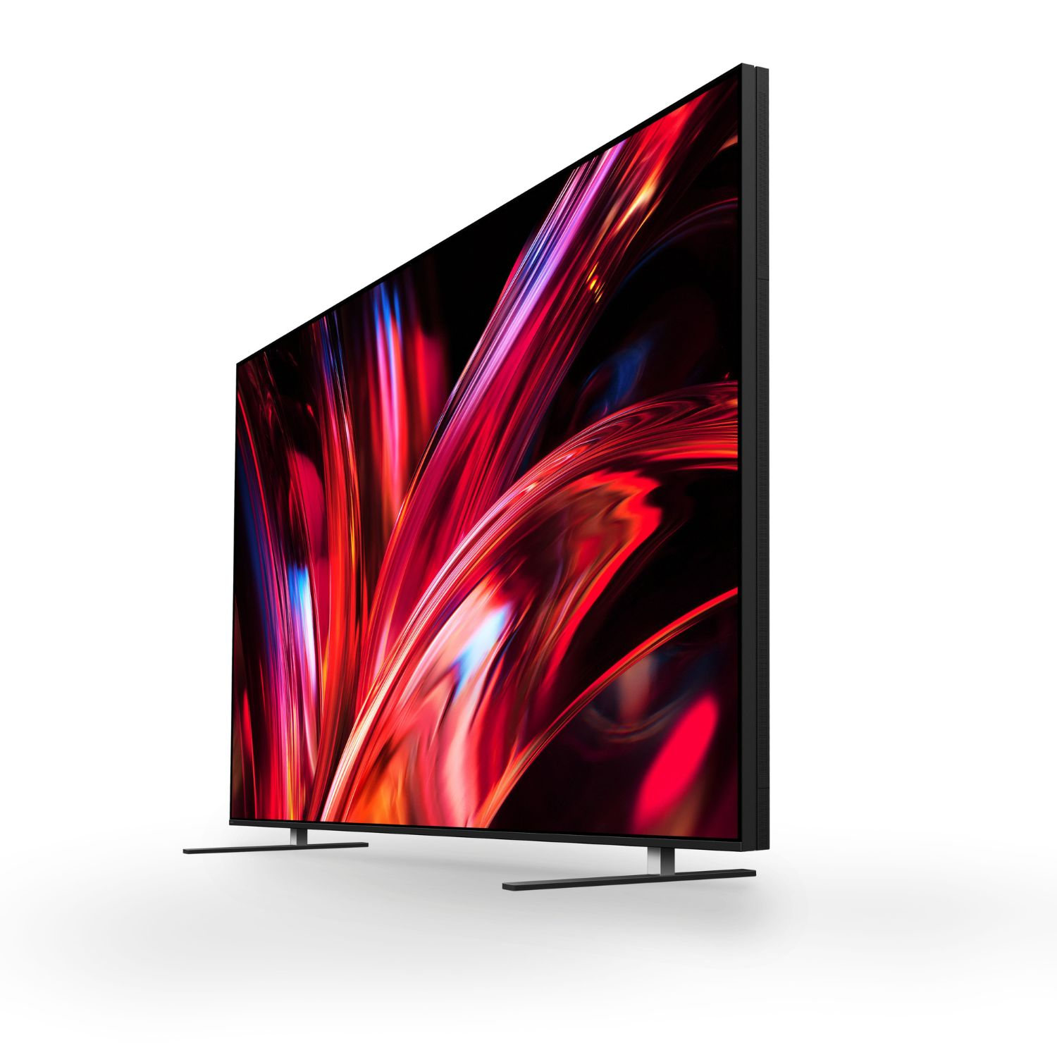 Un televisor moderno de pantalla plana que muestra un fondo abstracto y vibrante en su pantalla.