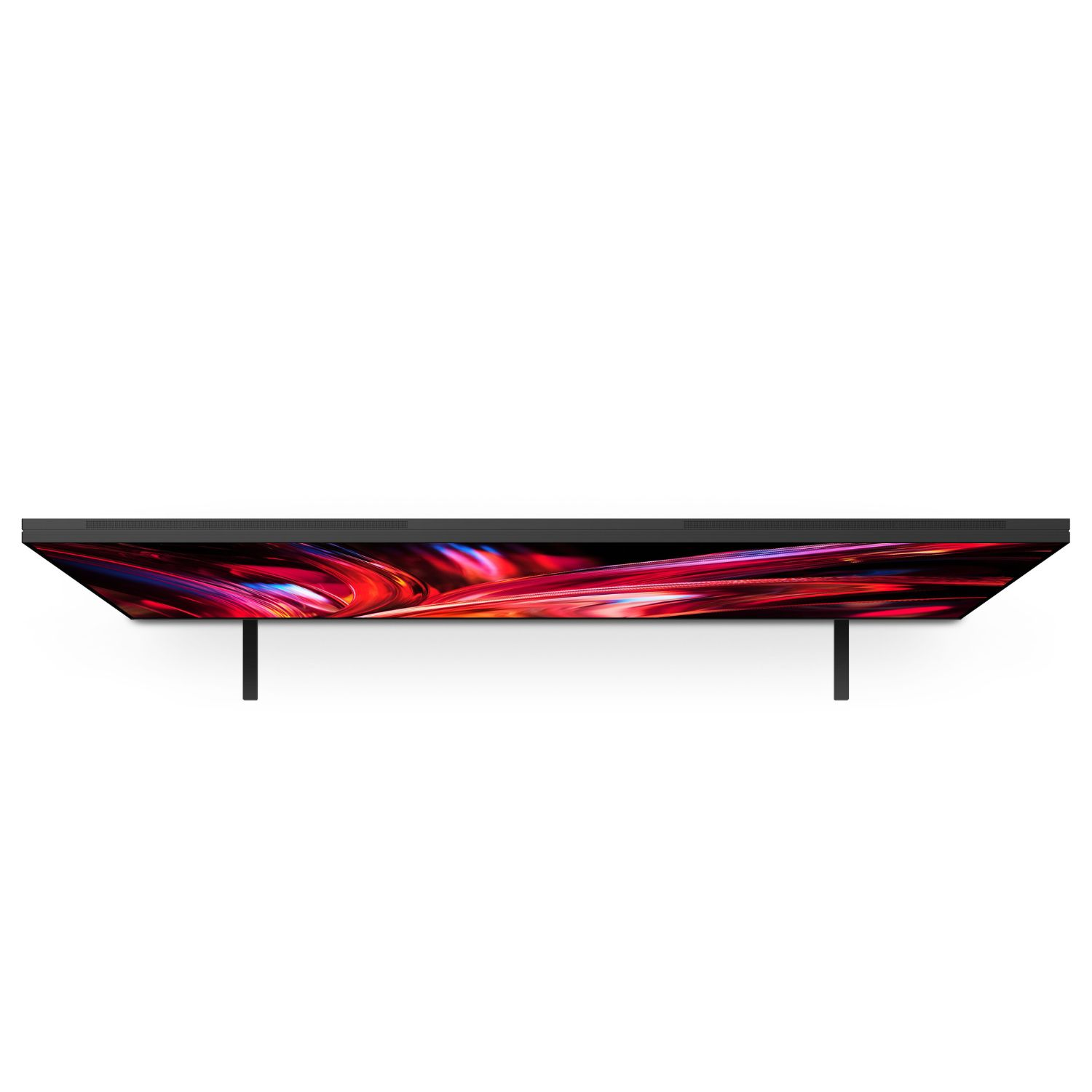 Un televisor moderno que muestra una imagen abstracta vibrante, sobre un soporte.