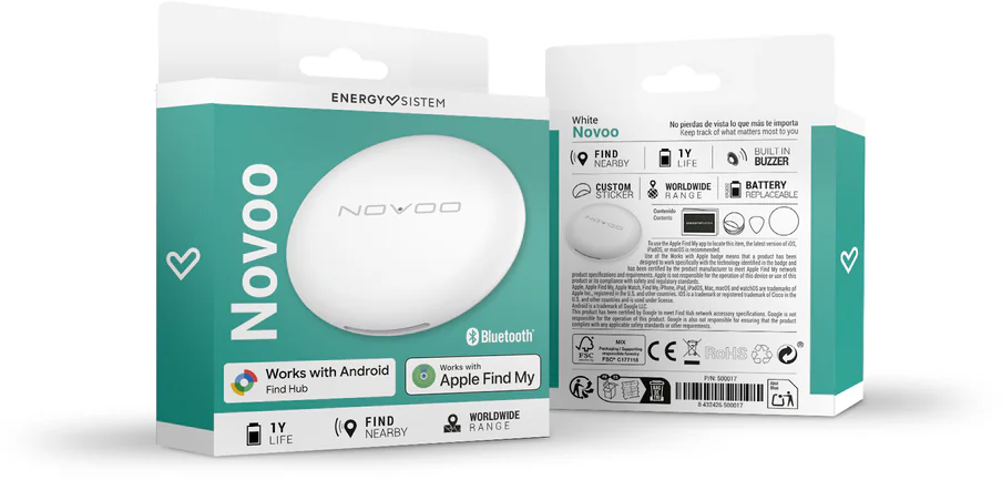 A fehér Novoo nyomkövető csomagolása szív- és Bluetooth ikonokkal.