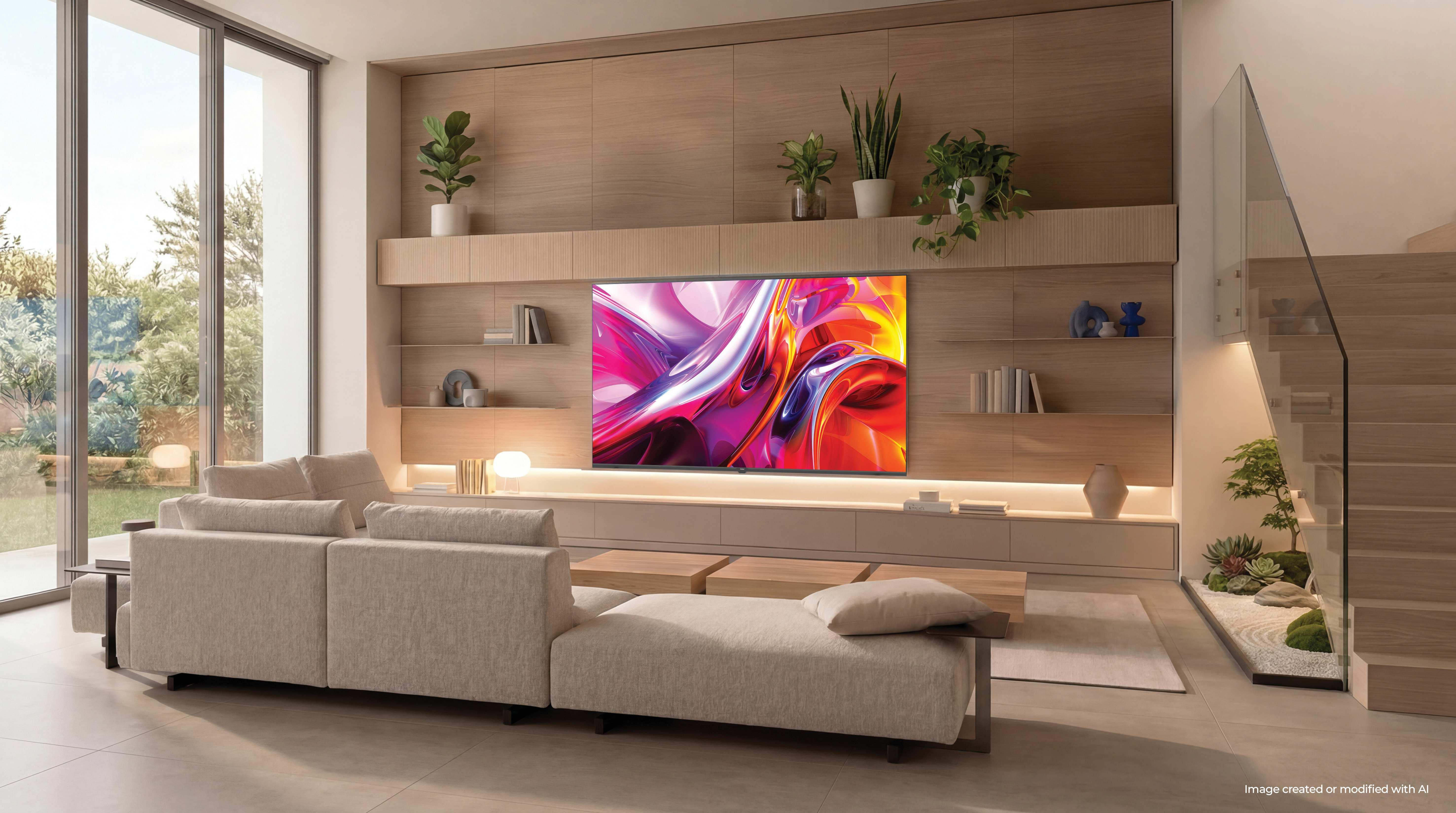 Sala de estar moderna con sofá grande, TV, armarios de madera, plantas y jardín zen.