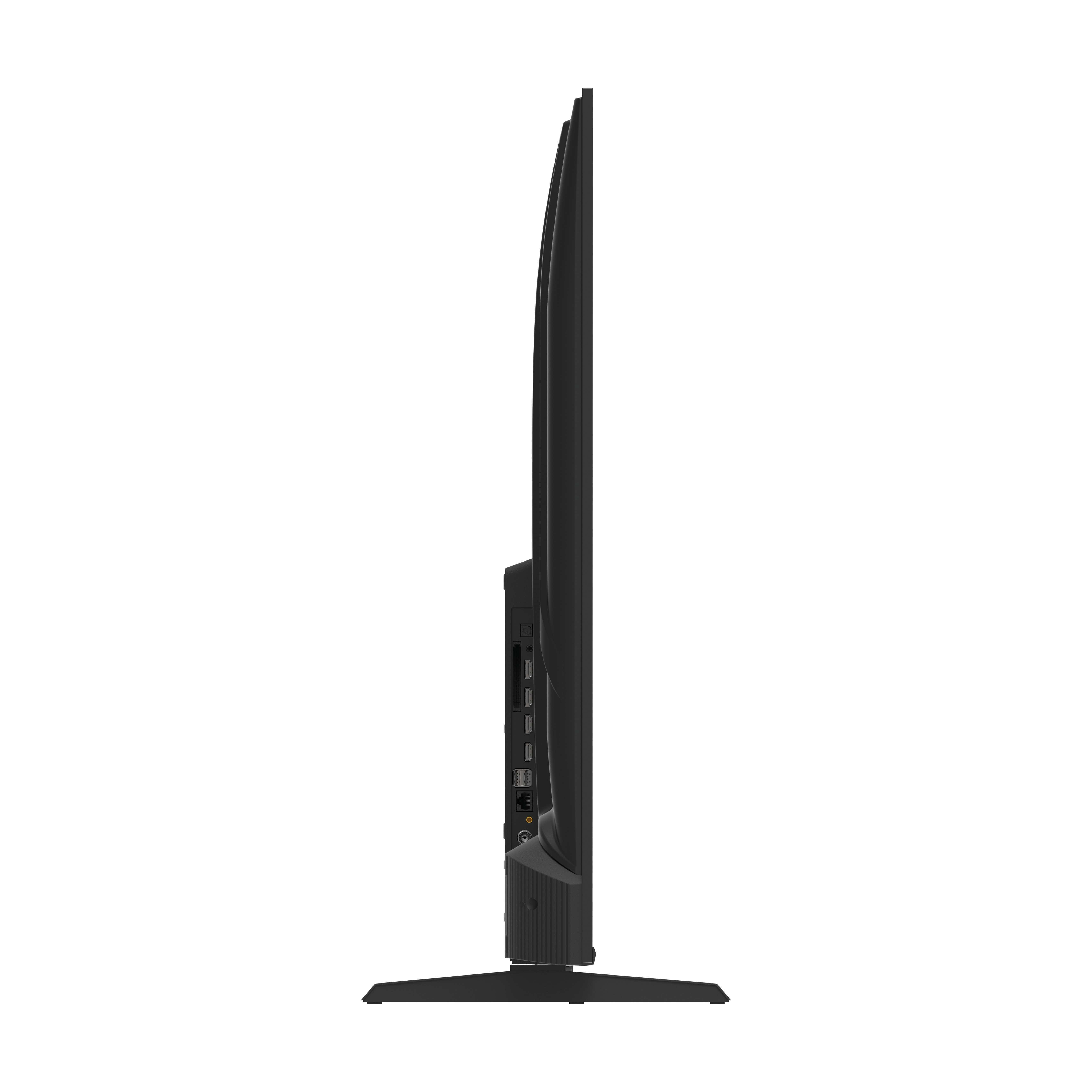 Televisor negro de perfil con puertos laterales y base ancha.