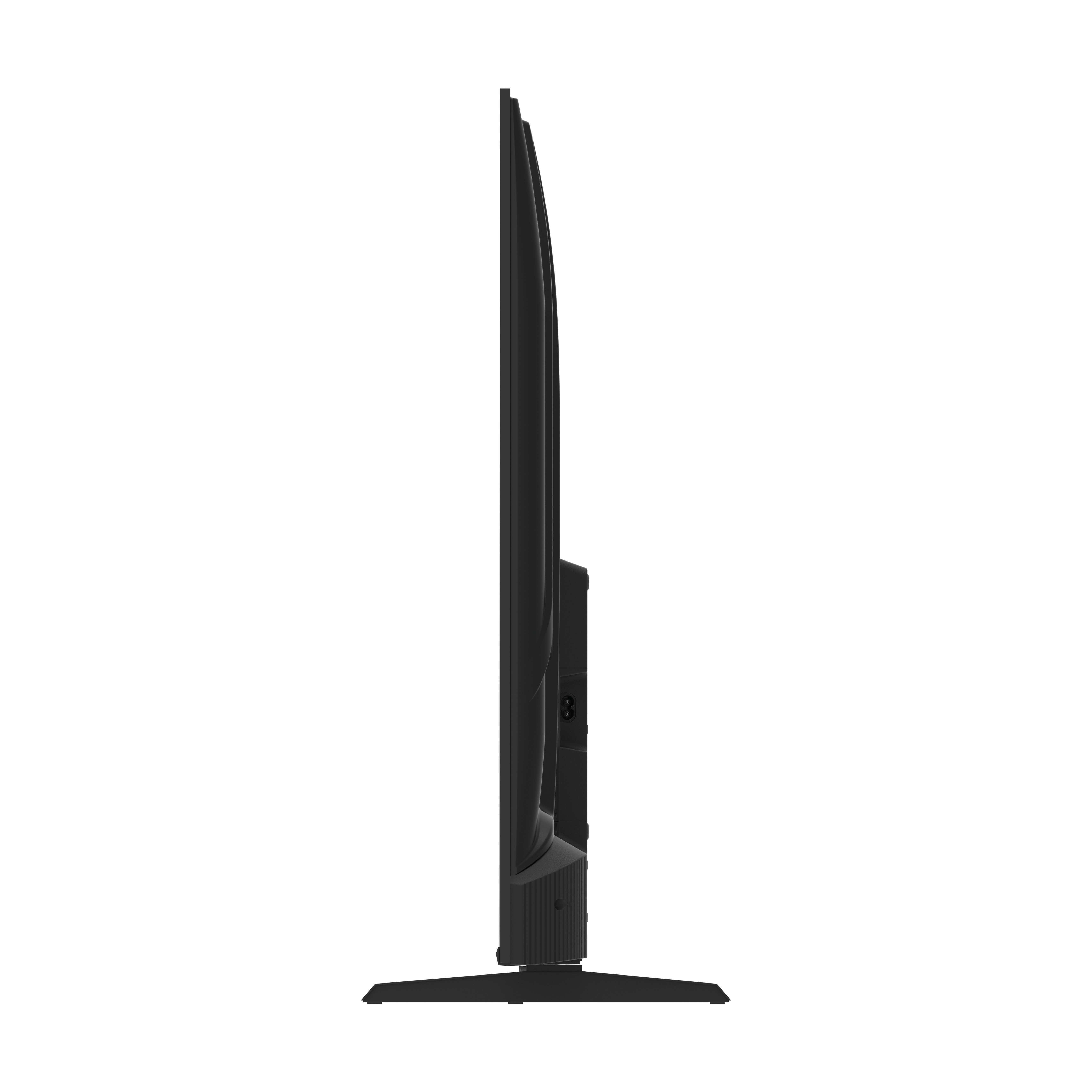 Televisor negro de perfil sobre fondo blanco con soporte.