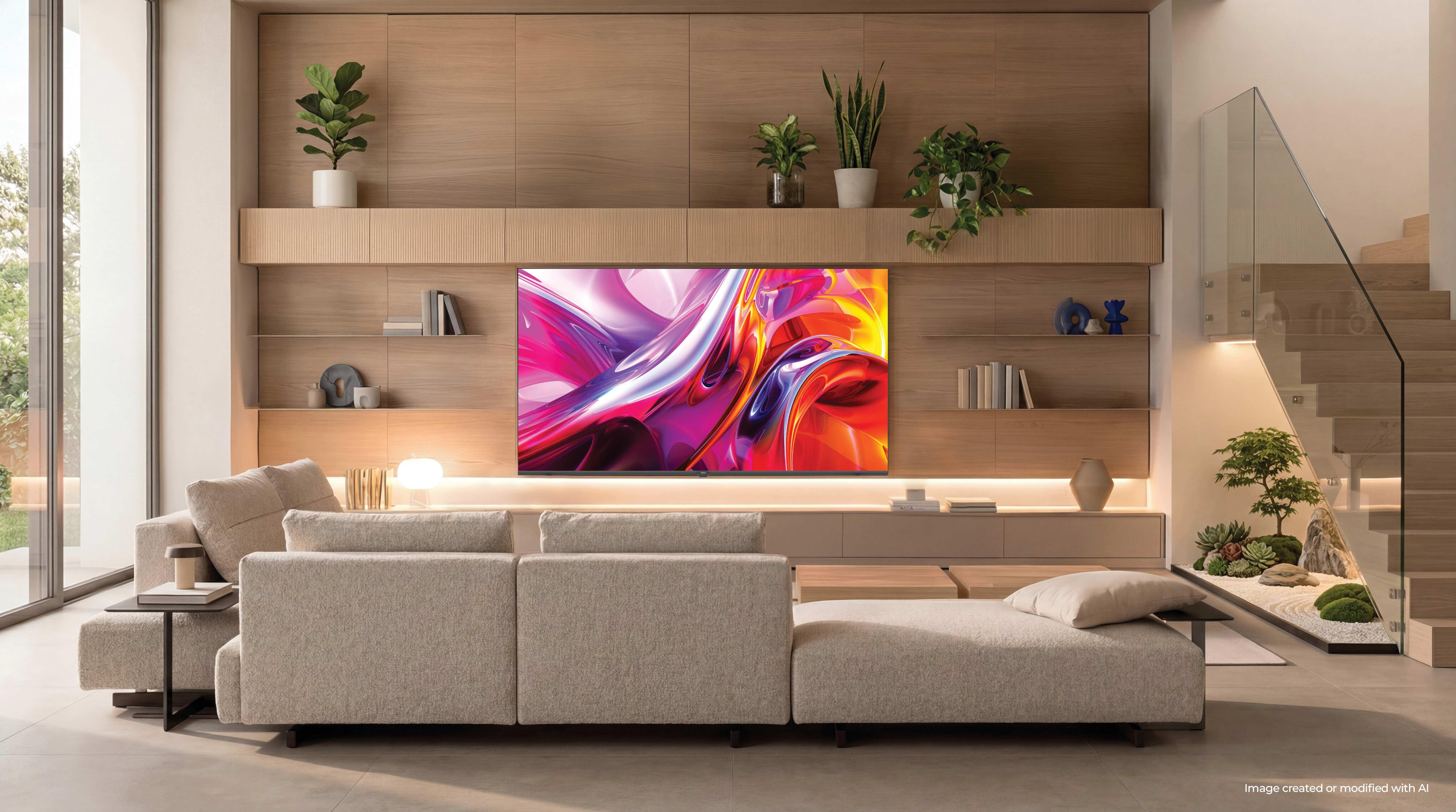 Una sala de estar moderna con sofá, TV y estanterías.