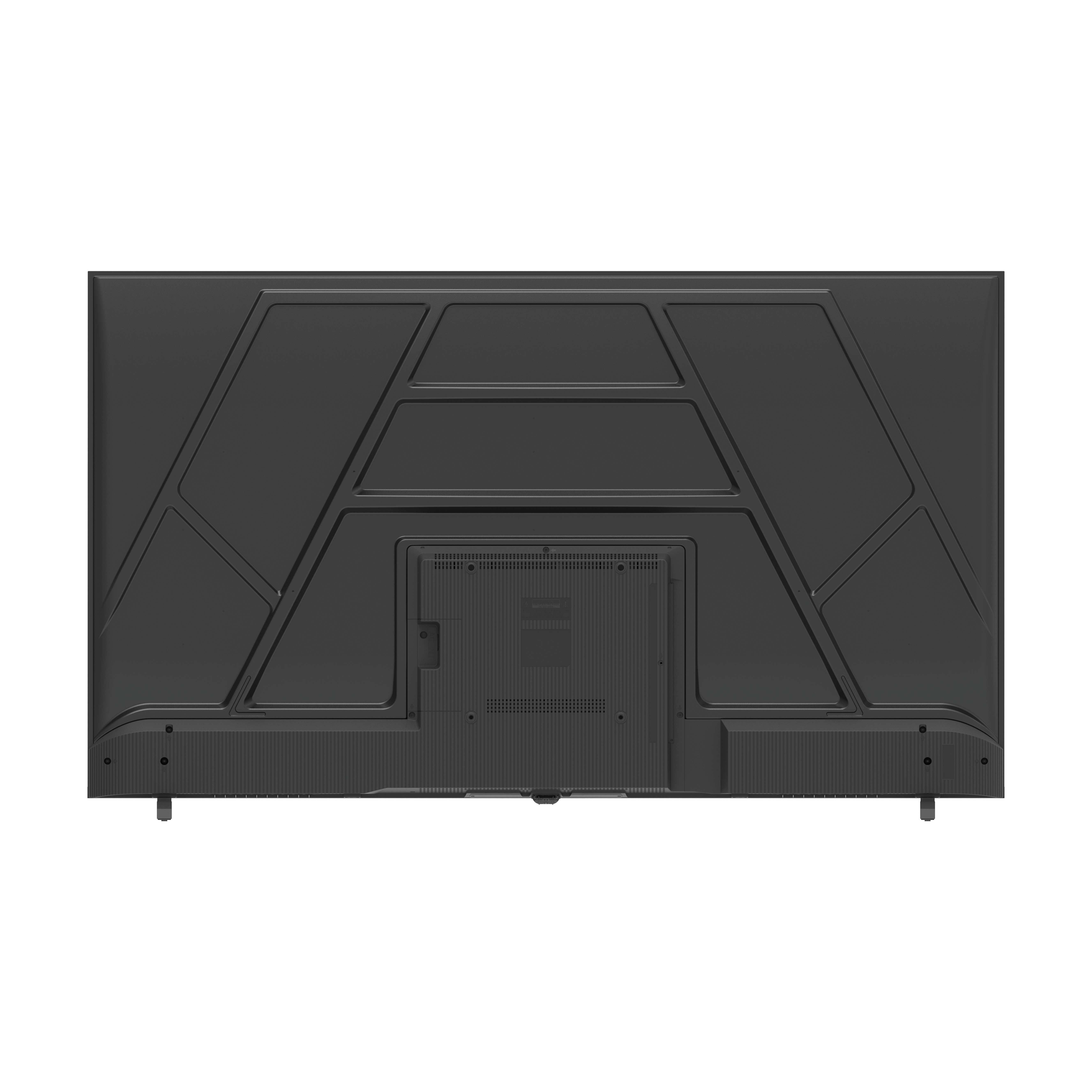 Parte trasera de un televisor negro con patrones geométricos y ranuras de ventilación.
