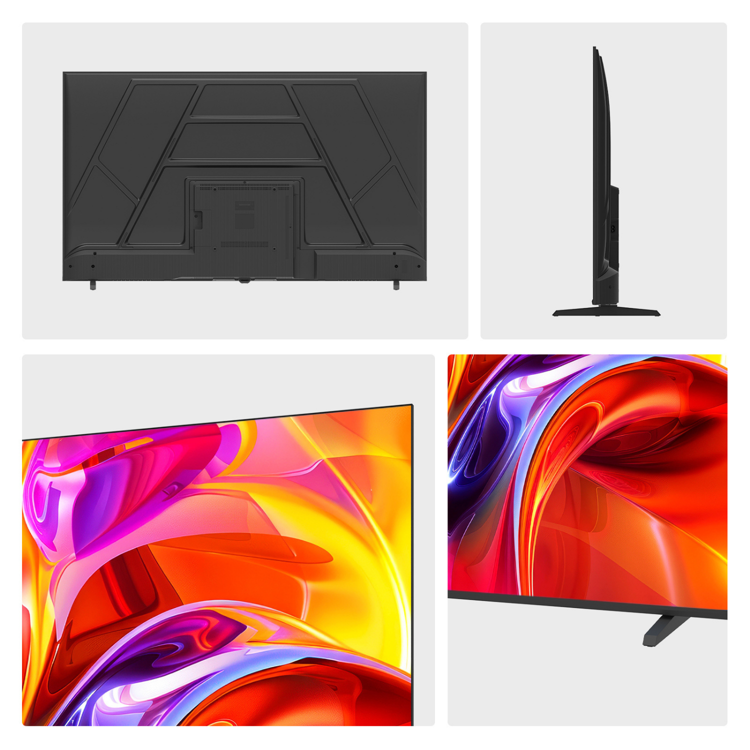 Vista trasera, lateral y detalle de pantalla de un televisor negro con gráficos abstractos.