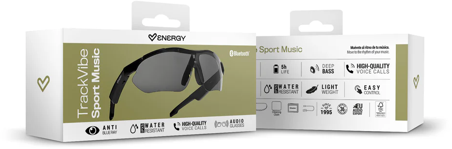 Csomagolás sport szemüveggel, Bluetooth, 5 óra akkuidő, vízállóság.