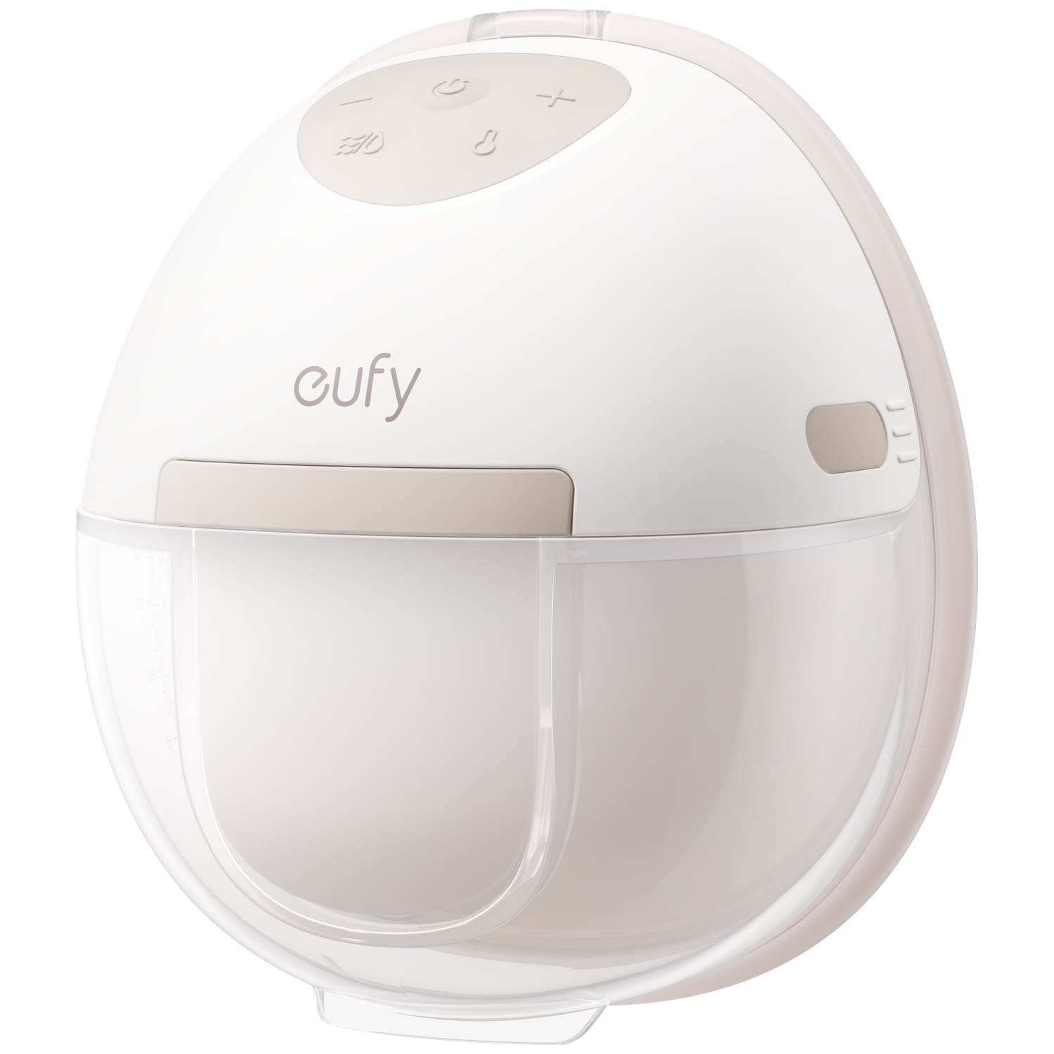 Un tire-lait Eufy blanc et beige avec des commandes sur le dessus et un gobelet collecteur transparent.
