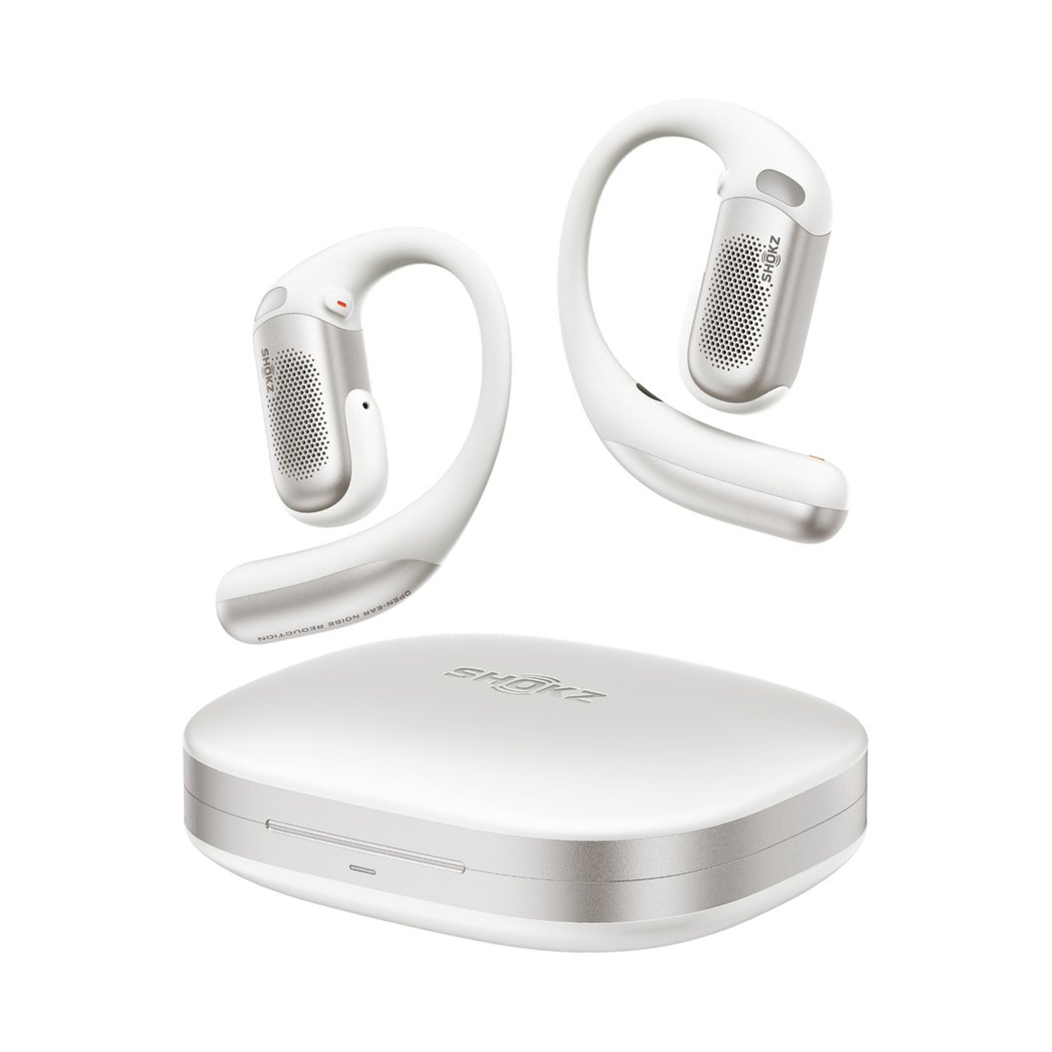 Un paio di auricolari wireless bianchi e argento con custodia di ricarica.